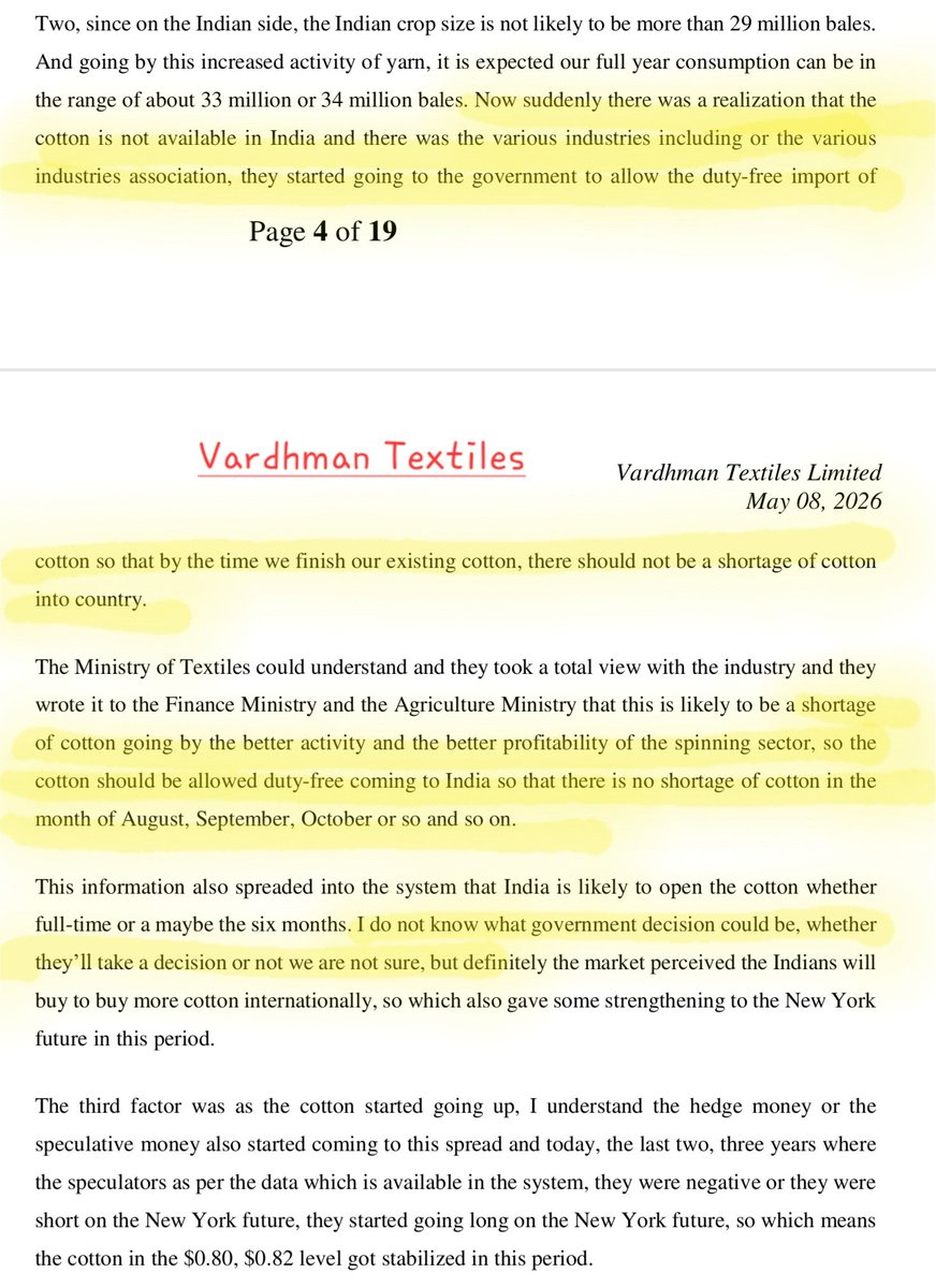 nooreshtech's tweet photo. India removed cotton import duty for 5 months.

Notable thing is that it was a recurring ask across textile earnings calls:

→ GHCL Textiles: ~30% of cotton requirement imported

→ Nitin Spinners: Industry sought permanent duty removal

→ Sportking: Called it "the one fight we have to win"

→ Vardhman: Warned of cotton shortage and pushed for duty-free imports

Government has finally provided some temporary relief to the industry

Potential beneficiaries: Spinners, yarn exporters and integrated textile players

#textiles #cotton