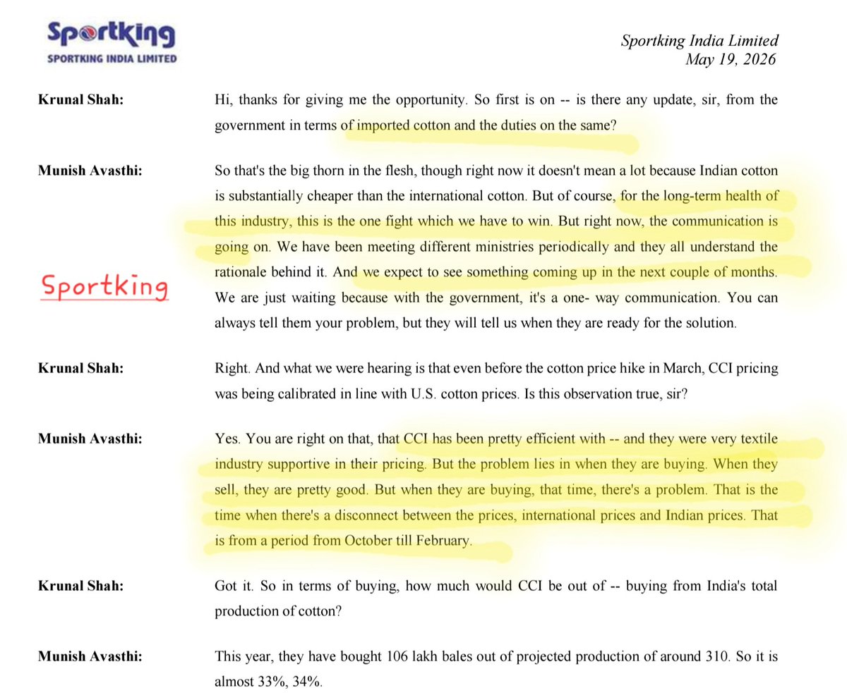 nooreshtech's tweet photo. India removed cotton import duty for 5 months.

Notable thing is that it was a recurring ask across textile earnings calls:

→ GHCL Textiles: ~30% of cotton requirement imported

→ Nitin Spinners: Industry sought permanent duty removal

→ Sportking: Called it "the one fight we have to win"

→ Vardhman: Warned of cotton shortage and pushed for duty-free imports

Government has finally provided some temporary relief to the industry

Potential beneficiaries: Spinners, yarn exporters and integrated textile players

#textiles #cotton