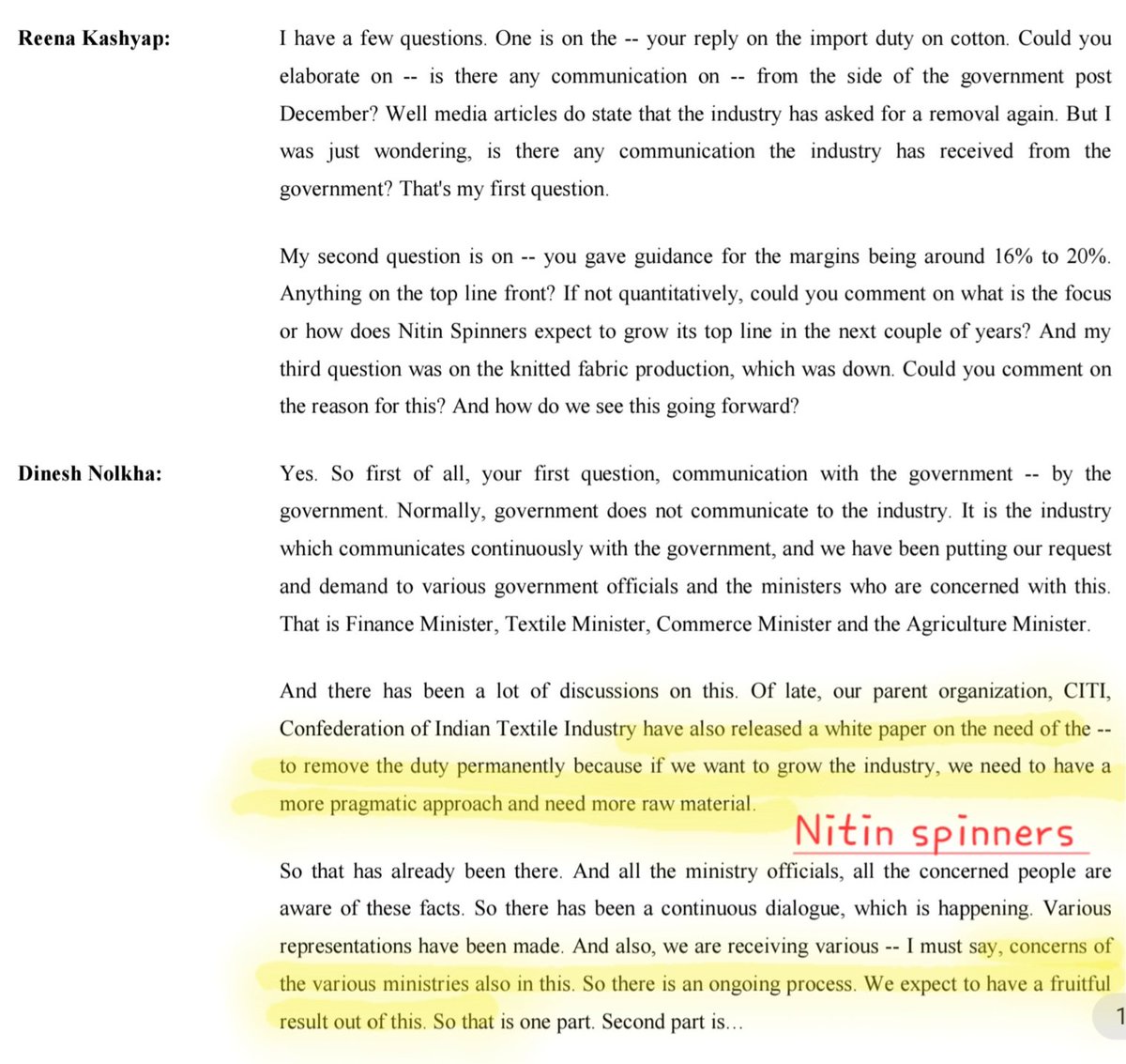 nooreshtech's tweet photo. India removed cotton import duty for 5 months.

Notable thing is that it was a recurring ask across textile earnings calls:

→ GHCL Textiles: ~30% of cotton requirement imported

→ Nitin Spinners: Industry sought permanent duty removal

→ Sportking: Called it "the one fight we have to win"

→ Vardhman: Warned of cotton shortage and pushed for duty-free imports

Government has finally provided some temporary relief to the industry

Potential beneficiaries: Spinners, yarn exporters and integrated textile players

#textiles #cotton