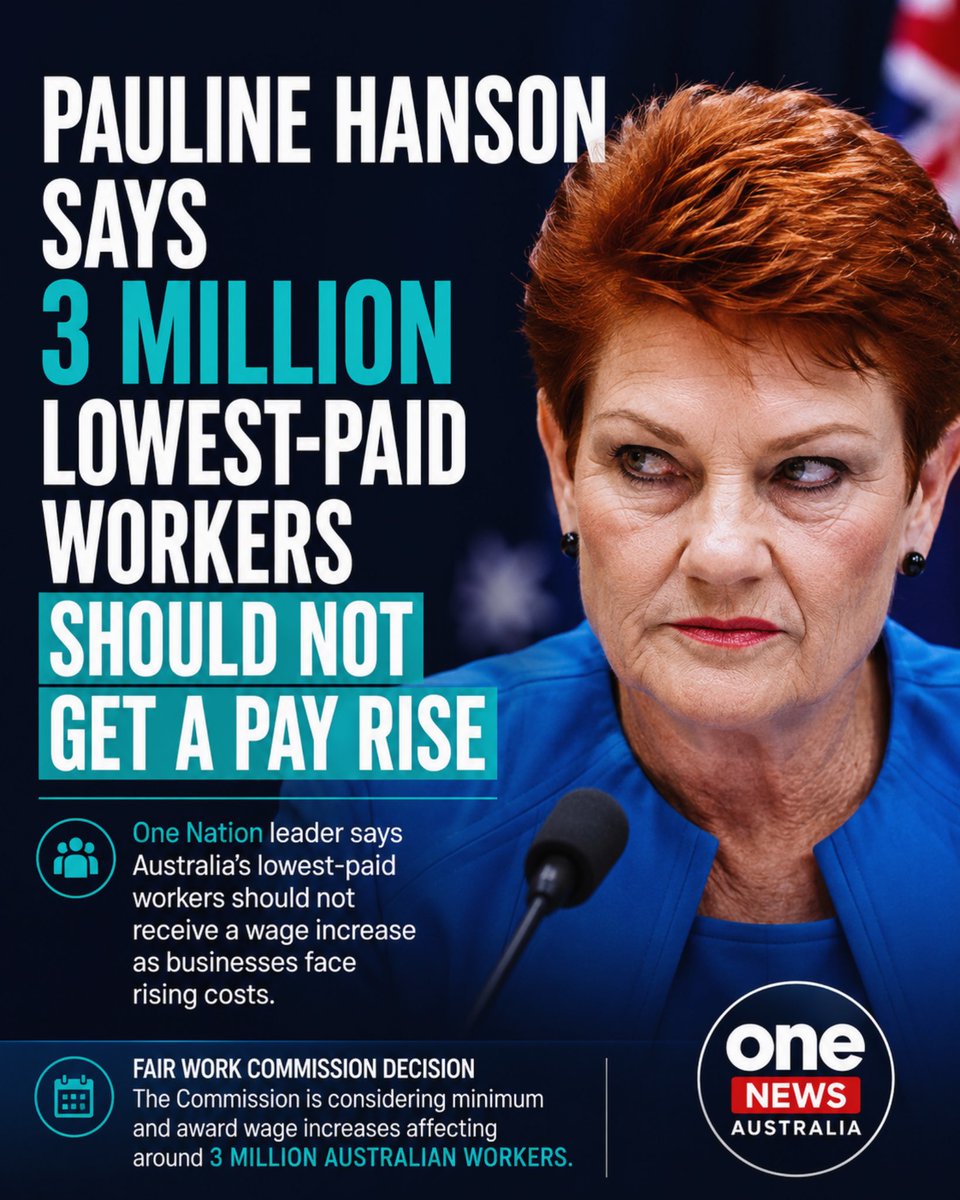 OnenewsAus's tweet photo. 🚨Pauline Hanson says minimum wage workers should not receive a pay rise

Speaking on Sky News, Pauline Hanson argued that Australia’s lowest-paid workers should not receive a wage increase, claiming rising electricity prices and business costs are placing pressure on employers. The comments come ahead of the Fair Work Commission’s annual minimum wage decision, which affects around 3 million workers.

📊 ONE NEWS AUSTRALIA ANALYSIS

From an economic perspective, many economists would challenge Hanson’s argument.

While businesses face higher costs, wage growth that consistently remains below inflation reduces workers’ purchasing power. When low-income workers have less money to spend, consumer demand can weaken, which can also hurt small businesses.

Research generally finds that moderate increases in minimum wages do not necessarily cause large job losses, particularly in periods where labour markets remain relatively tight. Supporters of wage increases argue that workers should not experience declining living standards while the economy continues to grow.

Critics of Hanson’s position also note that minimum wage earners are among the Australians most affected by housing, grocery and energy costs, making real wage growth important for maintaining living standards.

🗣️ ONE NEWS AUSTRALIA VIEW

At One News Australia, we believe any discussion about wages should balance the needs of workers and businesses. However, asking Australia’s lowest-paid workers to absorb rising living costs while their wages fall behind inflation risks placing the burden of economic adjustment on those least able to afford it. #auspol