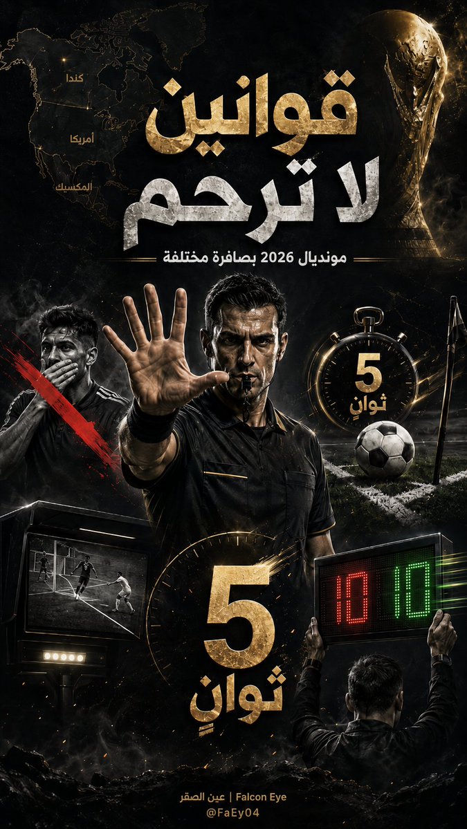FaEy04's tweet photo. 🚨 مونديال 2026 يدخل حقبة تحكيمية جديدة.

 ما القرار؟ وما العقوبة؟

1️⃣ حارس المرمى
القرار: ممنوع الاحتفاظ بالكرة أكثر من 8 ثوانٍ.
العقوبة: ركلة ركنية للمنافس.

2️⃣ رمية التماس
القرار: الحكم يبدأ عدًّا مرئيًا من 5 ثوانٍ عند التأخير.
العقوبة: تتحول الرمية للفريق المنافس.

3️⃣ ضربة المرمى
القرار: الحكم يبدأ عدًّا مرئيًا من 5 ثوانٍ عند المماطلة.
العقوبة: تتحول ضربة المرمى إلى ركلة ركنية للمنافس.

4️⃣ التبديل
القرار: اللاعب المستبدل يجب أن يغادر خلال 10 ثوانٍ.
العقوبة: البديل لا يدخل فورًا، وينتظر أول توقف بعد دقيقة لعب فعلية.

5️⃣ علاج المصاب داخل الملعب
القرار: أي لاعب يتلقى علاجًا أو يوقف اللعب بسبب إصابة يغادر الملعب.
العقوبة: لا يعود إلا بعد مرور دقيقة لعب فعلية.

6️⃣ VAR يتوسع
القرار: الفيديو قد يتدخل في حالات جديدة، مثل الصفراء الثانية الخاطئة، الهوية الخاطئة، والركنية الخاطئة الواضحة.
العقوبة: تصحيح القرار إذا كان الخطأ واضحًا ومؤثرًا.

7️⃣ مخالفة المهاجم قبل تنفيذ الركنية أو الحرة
القرار: إذا ارتكب الفريق المهاجم مخالفة واضحة قبل لعب الكرة وأثرت على هدف أو ركلة جزاء أو بطاقة.
العقوبة: مراجعة VAR، إلغاء الأثر، واتخاذ العقوبة الانضباطية المناسبة.

8️⃣ شرح قرار VAR للجمهور
القرار: الحكم قد يشرح القرار بعد المراجعة.
العقوبة: لا توجد عقوبة، لكنها خطوة لتقليل الغموض والجدل.

9️⃣ كاميرا الحكم
القرار: يمكن استخدام كاميرا مثبتة على الحكم.
العقوبة: لا تغير القرار، لكنها تكشف زاوية الحكم وتستخدم للبث والتحليل.

🔟 قاعدة القائد فقط
القرار: التواصل مع الحكم يكون عبر قائد الفريق بدل تجمع اللاعبين.
العقوبة: الاعتراض الجماعي قد يقود لإنذارات أو عقوبات انضباطية.

1️⃣1️⃣ تغطية الفم أثناء المواجهات
القرار: تغطية الفم لإخفاء الكلام أثناء الاشتباك قد تُعد مخالفة خطيرة.
العقوبة: قد تصل إلى بطاقة حمراء.

1️⃣2️⃣ مغادرة الملعب احتجاجًا
القرار: ممنوع مغادرة الملعب اعتراضًا على قرار الحكم.
العقوبة: بطاقة حمراء، وقد يُعتبر الفريق خاسرًا إذا تسبب في إيقاف المباراة.

1️⃣3️⃣ الكرة الساقطة
القرار: تُعاد للفريق الذي كان سيكسب أو يحتفظ بالاستحواذ بوضوح.
العقوبة: لا توجد عقوبة، بل تصحيح لعدالة استئناف اللعب.

1️⃣4️⃣ لمس الكرة وهي في طريقها للخروج
القرار: إذا لمسها بديل أو مدرب أو لاعب خارج الملعب دون تدخل غير عادل.
العقوبة: ركلة حرة غير مباشرة، دون بطاقة.

1️⃣5️⃣ التسلل عند رمية الحارس
القرار: لحظة التسلل تُحسب عند آخر نقطة تماس للحارس مع الكرة عند رميها.
العقوبة: احتساب التسلل بدقة أكبر إذا كان المهاجم متقدمًا.

1️⃣6️⃣ لمسة الجزاء المزدوجة
القرار: إذا لمس المنفذ الكرة بالقدمين أو لمسها مرة ثانية بشكل غير متعمد أثناء الانزلاق.
العقوبة: إذا دخلت، تُعاد الركلة. وإذا لم تدخل، تُحتسب ركلة حرة غير مباشرة أو تُسجل ضائعة في الترجيح.

1️⃣7️⃣ منع فرصة محققة مع هدف
القرار: إذا حدثت مخالفة DOGSO ثم أعطى الحكم أفضلية وانتهت الهجمة بهدف.
العقوبة: لا بطاقة على اللاعب المخالف، لأن الفرصة لم تُمنع فعليًا.

الخلاصة:

مونديال 2026 سيكون أكثر صرامة مع المماطلة والاحتجاج والفوضى.

الحارس تحت عدّ تنازلي.
التماس والمرمى تحت ضغط الوقت.
التبديل لم يعد وسيلة لإضاعة الثواني.
المصاب قد يترك فريقه ناقصًا دقيقة كاملة.
والاحتجاج قد لا يكلف بطاقة فقط… بل مباراة كاملة.

صافرة جديدة… لعالم أسرع.

#كأس_العالم_2026
#WorldCup2026