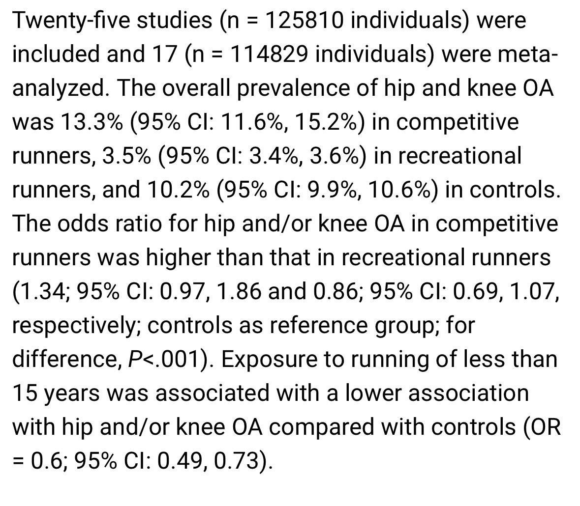 anofinity's tweet photo. @botiquebuys @spencerconway16 @a6737_a @pnwguerrilla The odds ratio for hip and/or knee OA in recreational runners = 3.5% 

The odds ratio for hip and/or knee OA in the control group (non-runners /sedentary) = 10.2%

What did I miss? https://t.co/VLNVfOKizb
