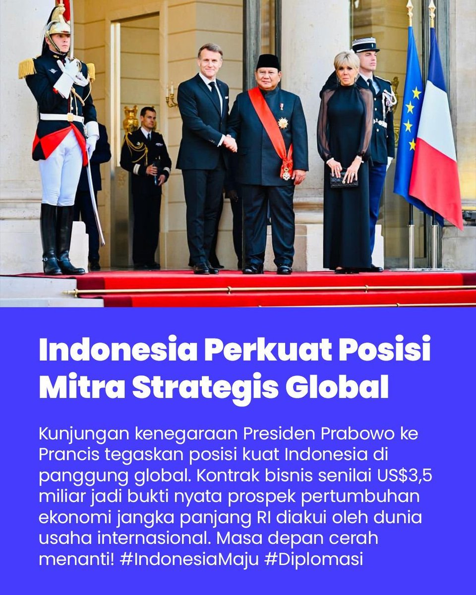 solisol1313's tweet photo. Investasi Rp61,25 Triliun yang diperoleh dari Prancis tidak hanya memperkuat hubungan bilateral, tetapi juga membuka jalan bagi peningkatan perdagangan kedua negara hingga tiga kali lipat pada tahun 2035.

#EmpatKesepakatanStrategis https://t.co/rvwU4AU2ON