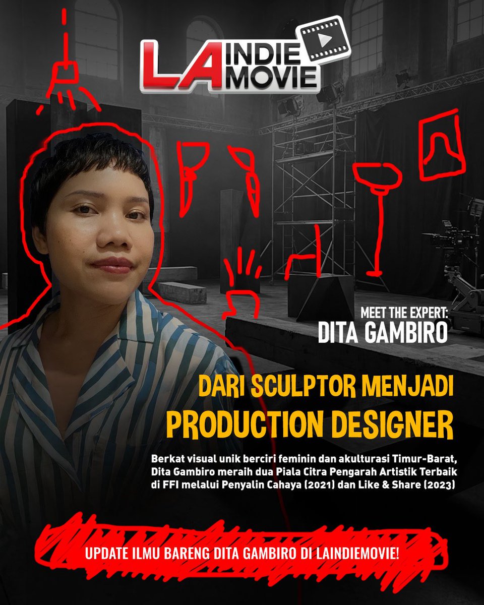 LAZoneid's tweet photo. Set film yang kuat bisa bikin cerita terasa lebih hidup, lebih nyata, dan lebih punya dunia sendiri. 🎬

Penasaran gimana cara ngebangun ruang visual yang cocok buat cerita film lo?
Belajar langsung dari Dita Gambiro, ahli pahat yang kini jadi production designer di balik Penyalin Cahaya dan Like & Share, dua karya dengan arahan artistik unik yang berhasil meraih Piala Citra.

Selain production design, lo juga bisa ngulik banyak aspek filmmaking lainnya bareng para experts di LAIndieMovie workshop session!

Daftar sekarang dan mulai bikin film pertama lo di : https://t.co/6aFcOpOd3M

#LAIndieMovie #LAZone #ShortFilmFestival #DitaGambiro #FilmIndonesia