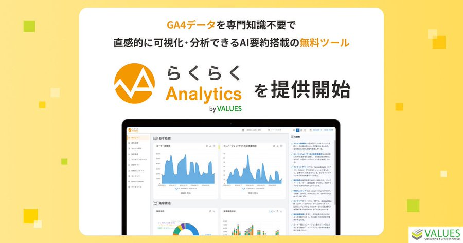Roberto_VALUES's tweet photo. 【「Geminiに相談」×らくらくAnalyticsが便利です】本日、新たに「らくらくAnalytics」を提供開始しました。GA4とSearch_Consoleのデータを連携し可視化します。今後のデータ活用のコツは①人間がパッと状況がわかる、②AIと一緒にデータを見て施策を練る/実行するという２点が大事であると思っていまして、そのスタートラインとなるサイト分析の環境を無償ツールとして提供することになりました。

▼らくらくAnalytics｜GA利用でもう迷わない　サイト分析をもっとらくらくに
https://t.co/1x3aDcCzFp

①は状況を理解するために画面と向き合う時間はむしろ「時短」であるべきと思っています。GAは残念ながら概況をつかむには使いづらく、そのため、パッと分かるということにこだわって作成されています。「あれ？あのメニューどこ行ったっけ？」とならず、見たい指標が見やすく確認できます。これはヴァリューズがこれまでWEBサービスを提供してきてこだわっているユーザビリティが活かされています。

②については、Google Chromeの最新機能【Geminiに相談】と組み合わせることでGAデータに基づいて施策を評価/立案できる環境になっている手応えがありまして、自分で使っていても「便利だなー！」と思うようになっています！らくらくAnalyticsの画面の中にもAIで要約する機能がありますが、それに加えて、Chrome搭載のGeminiに相談の利用がおすすめです（ChromeのGeminiに相談では、Gemini 3.5の思考モードが使えます）。

今後、【Geminiに相談】で使える「らくらくAnalytics」用のskillなども今後、随時お伝えできればと思います！ 

余談ですが、Chrome搭載の「Geminiに相談」は履歴が残り、あとから見返せること、また、法人利用のGoogle Workspaceではセキュリティが保証されているので、AIモデルの学習には使われないのも良い点です。

GAの「Analytics Advisor（現時点でベータ版で設定を英語に変えると使えます）」はこの2点がデメリットでした（チャット履歴が残らず見返せない、対話が学習に使われてしまうという認識です。間違っていたら教えてください）。

「サイト分析ツールは専門用語が多くて理解に時間がかかる」「分析したくても、日々の業務に追われてリソースがない」というの方を始めとした多くの皆様にぜひ使っていただきたいと思います。

すでに、先行期間で使っていただいている企業さんからは以下のお声をいただいています。大手の出版社さん、店舗型ビジネスの運営企業さん、EC企業さんなどなど多様な業界で、「ひとりWEB担当」の方から「チームを率いている立場」の方まで、ご利用いただいています。

・ずっとGAを使っていたが、
　らくらくAnalyticsの方が分かりやすい

・状況を確認するのが時短になった

・週1のMTGや月次の報告のために
　ササっと見ていて便利

印象的なのがお忙しい方ほど、便利と言っていただいていることですね。

今後、「らくらくAnalytics」の活用例や前述の通り、活用プロンプトやskillなども発信していければと思います。

ちなみに社内では「らくアナ」と呼ばれています🙂無料で使えますので、ぜひお気軽にご利用ください！

▼らくらくAnalytics｜GA利用でもう迷わない　サイト分析をもっとらくらくに
https://t.co/1x3aDcCzFp