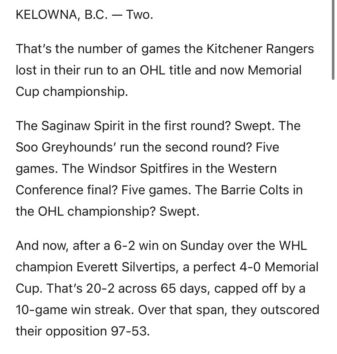 scottcwheeler's tweet photo. My story from the Memorial Cup final:
- The numbers behind Kitchener’s incredible season
- On Ahokas and McKenzie 
- Update on Humphreys’ foot
- History, still, for Everett

For @TheAthleticNHL:
https://t.co/t9QwSOFnPd https://t.co/5mHzBKKs8d