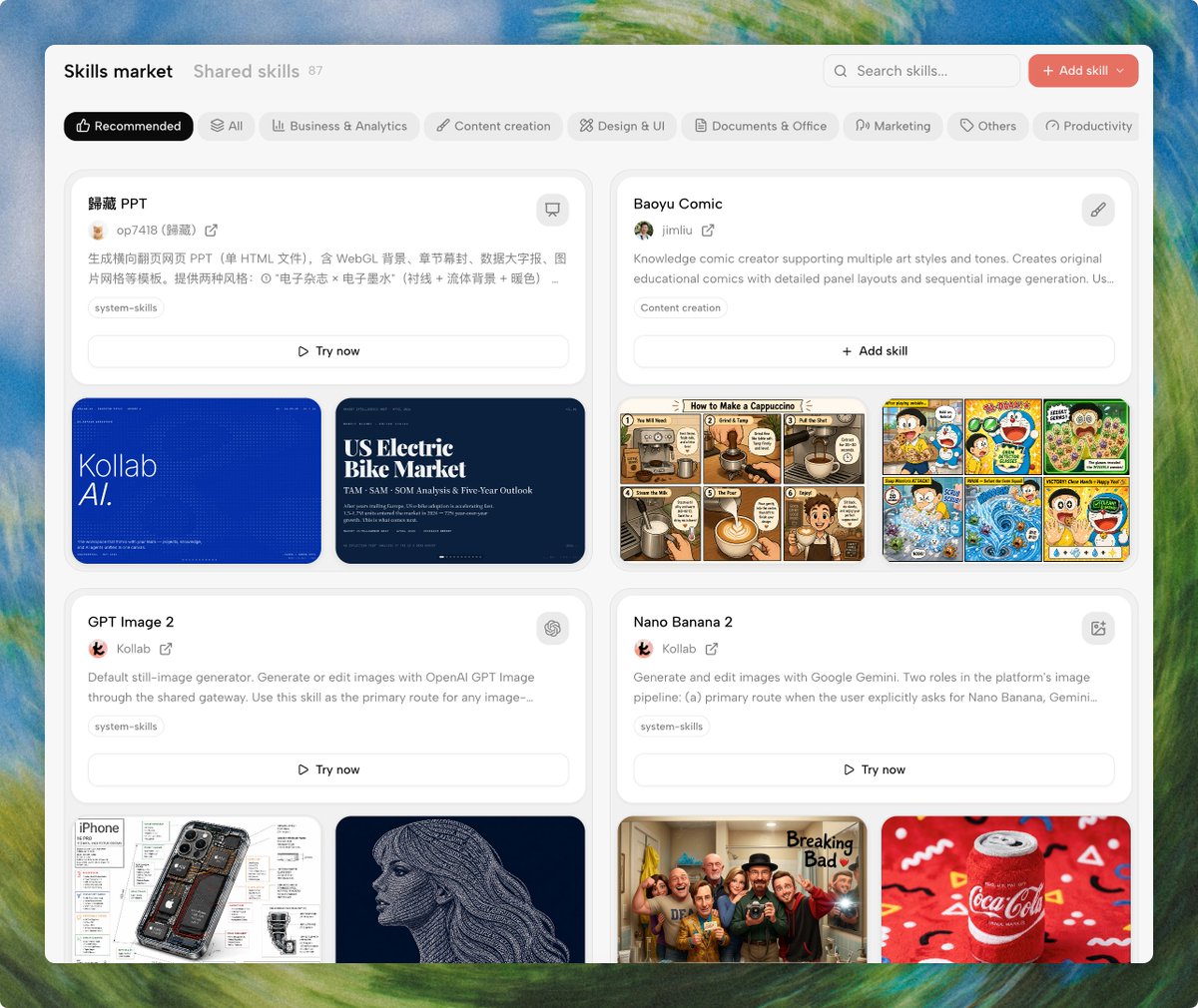 Kollab_AI's tweet photo. Kollab’s Skill Market just got a quiet little update✌️

Now every recommended Skill comes with real Use Cases. 

If you like one, you can instantly Remix it and make it your own. https://t.co/mPv0AqOlXd