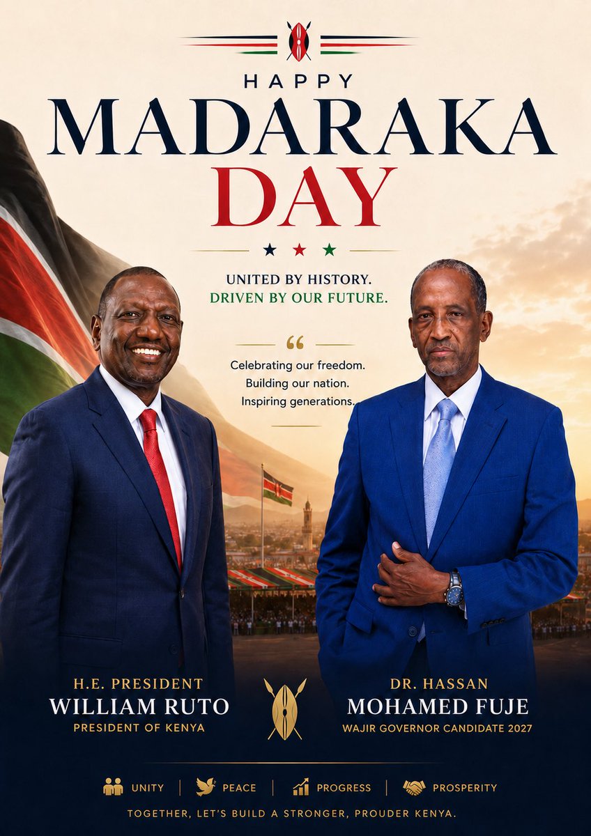 DrHassanFuje's tweet photo. 🇰🇪 Happy Madaraka Day..

Today, Wajir proudly hosts the nation in a historic celebration that places our county at the heart of Kenya’s story. As we honor our journey to self-rule, let us continue building a future of unity, opportunity, and shared prosperity.

Karibuni Wajir https://t.co/wyIWAhm1VX