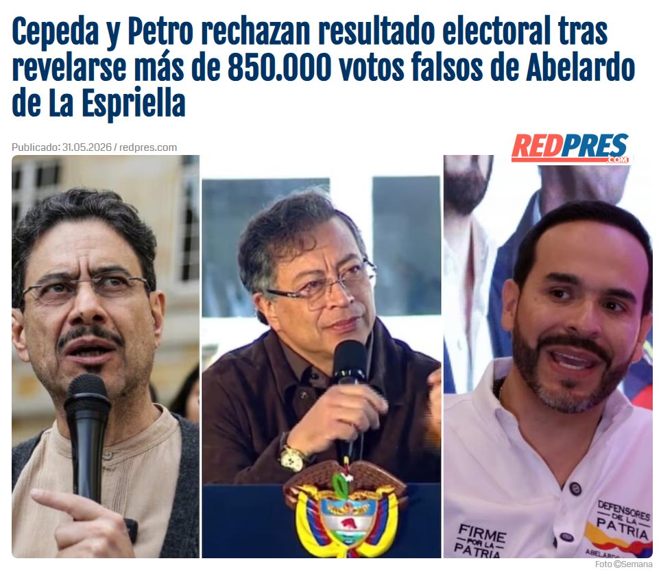 daanpressx's tweet photo. 📌 Cepeda y Petro rechazan resultado electoral tras revelarse más de 850.000 votos falsos de Abelardo de La Espriella
🔎 https://t.co/KLH12swcGA
Por @RedpresNoticias
Tags | 🏷️ #Petro #Cepeda #Elecciones #Preconteo #Colombia #Balotaje #Escrutinio https://t.co/iBYt0dlCIK