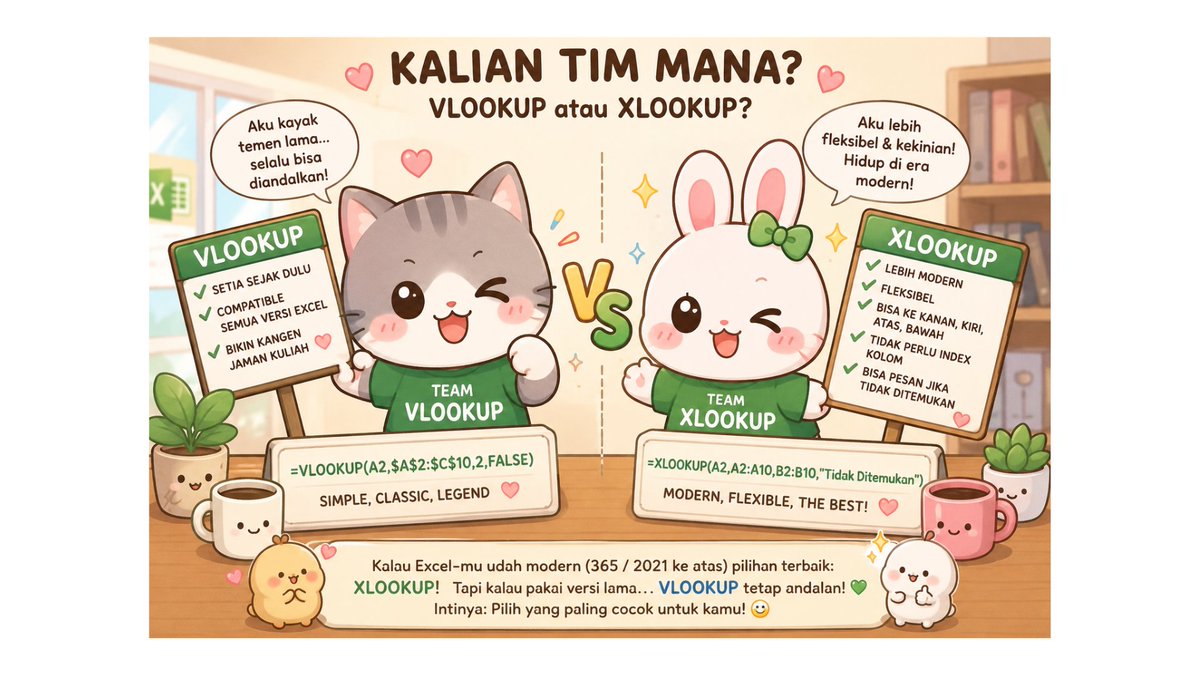 americanona02's tweet photo. Kalian tim XLOOKUP atau VLOOKUP? 

Kalo banyak orang mulai pindah ke XLOOKUP, aku masih nyaman pakai VLOOKUP.

Bukan karena gak mau move on, tapi karena VLOOKUP sudah jadi teman setiaku yang selalu bisa diandalkan untuk kebutuhan sehari-hari😍.

1. Simpel
2. Mudah dipahami
3. Cocok di hampir semua versi Excel

Kalau pekerjaan beres, mau pakai VLOOKUP atau XLOOKUP sebenarnya nggak masalah. Yang penting hasilnya akurat sih 😉

Kalau kamu tim yang mana? #TimVLOOKUP atau #TimXLOOKUP. Contoh ada dibawah ya, semoga bermanfaat 😍😍