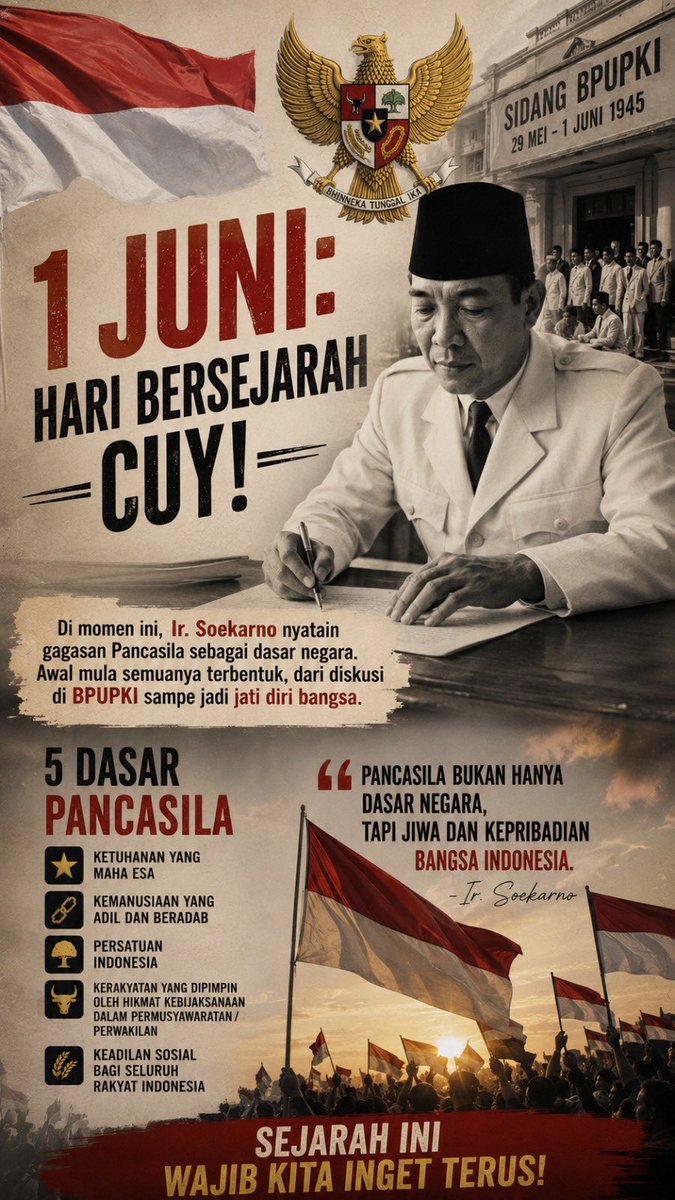 vickyarmf's tweet photo. 1 Juni 1945, momen dimana kata "Indonesia" jadi lebih dari sekadar nama di peta, tapi jadi satu jiwa yang hidup. Berkat Pancasila racikan jenius Bung Karno 🫀🇮🇩✨ https://t.co/C1RXxtFrDh