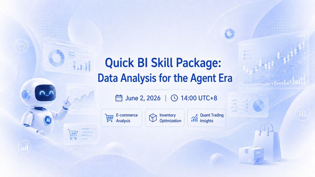 quick68554's tweet photo. Join our upcoming webinar, Quick BI Skill Package: Data Analysis for the Agent Era. Learn how Skills can be used for E-Commerce and Financial Analytics on Claude Code, Codex, and QoderWork!

📅 June 2, 2026
🕑 14:00 UTC+8

👉 Reserve your spot now! https://t.co/fb0SH2mfRU https://t.co/J1dQncOLk3
