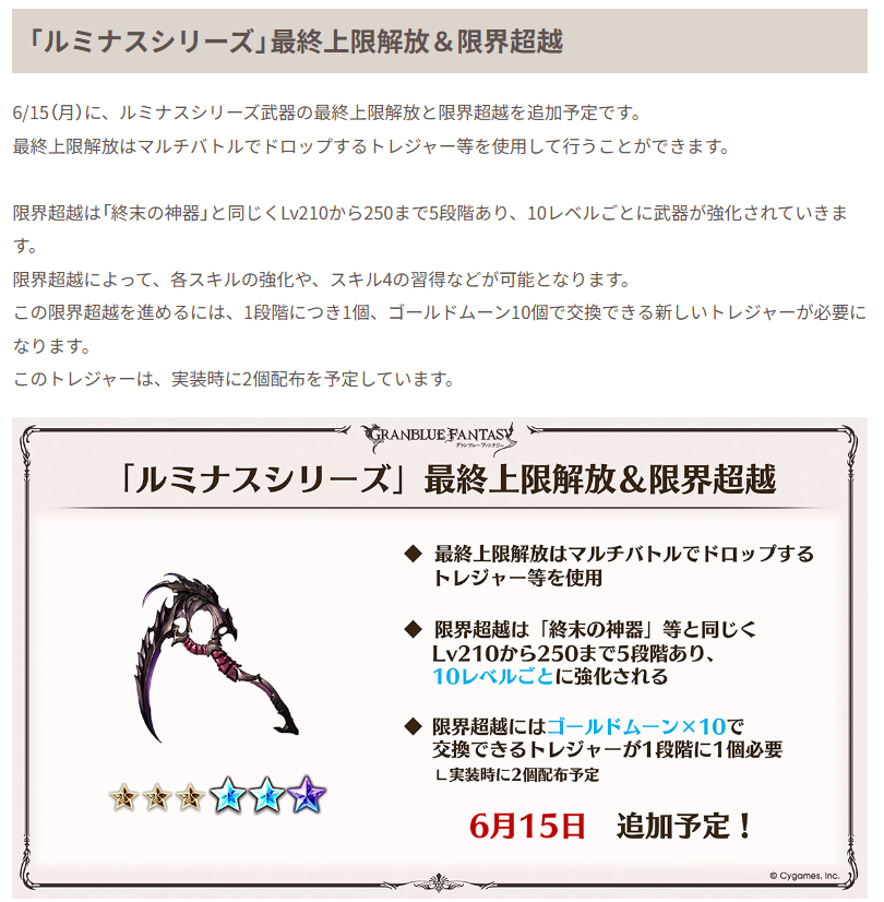 Granblue_GW's tweet photo. ルミナス超越は6/15(月)に追加予定！

・最終解放はマルチバトルでドロップするトレジャー等を使用
・限界超越はLv210から250まで5段階
┗10レベルごとに武器が強化
・各スキルの強化や、スキル4の習得などが可能
・限界超越を進めるには、1段階につき1個、ゴールドムーン10個で交換できる新トレジャーが必要
┗トレジャーは、実装時に2個配布を予定