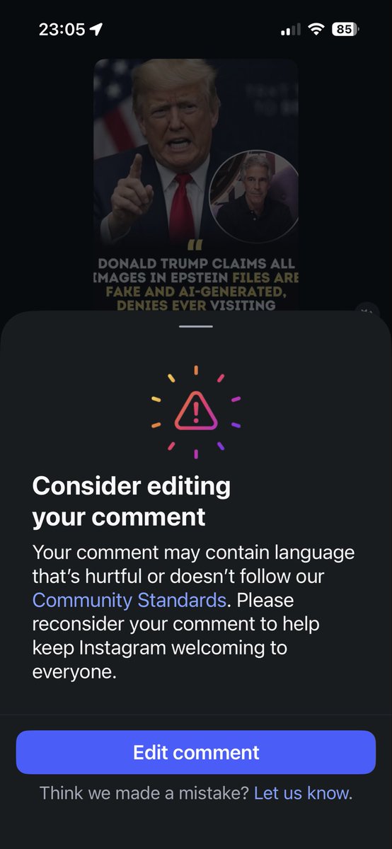 mark14337488's tweet photo. Does anyone notice that if u say something bad about Trump u get this on Instagram. All I did was call his a pathological liar and I got this. That’s censorship. If u add words after u can get rid of this. Instagram is getting so biased!!!! https://t.co/v2HhXzxRnS