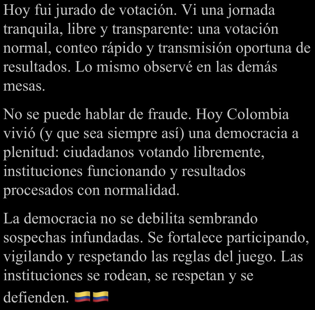 Boniventos's tweet photo. 🇨🇴. Bien la @Registraduria, la @PGN_COL, la @policia y todas las entidades. Ni ápice de duda. La democracia se construye rodeando, respetando y defendiendo la institucionalidad. Así de contundente. https://t.co/TA1BnwS76e