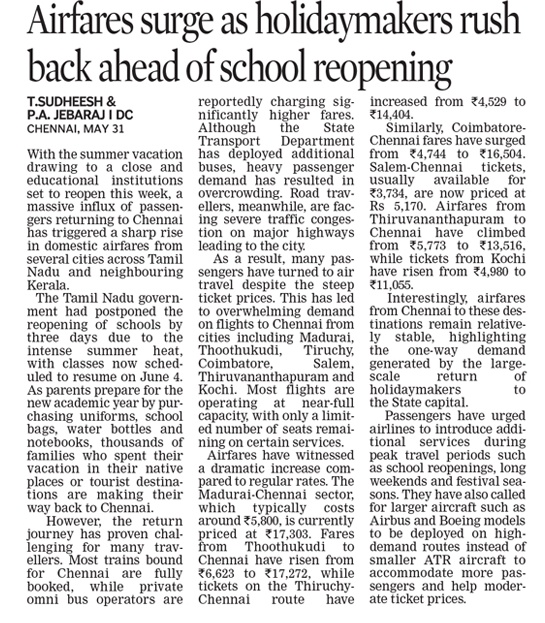 sudheeshdc's tweet photo. With the summer vacation drawing to a close and educational institutions set to reopen this week, a massive influx of passengers returning to Chennai has triggered a sharp rise in domestic airfares from several cities across Tamil Nadu and neighbouring Kerala. https://t.co/vnOeQy5Q2J