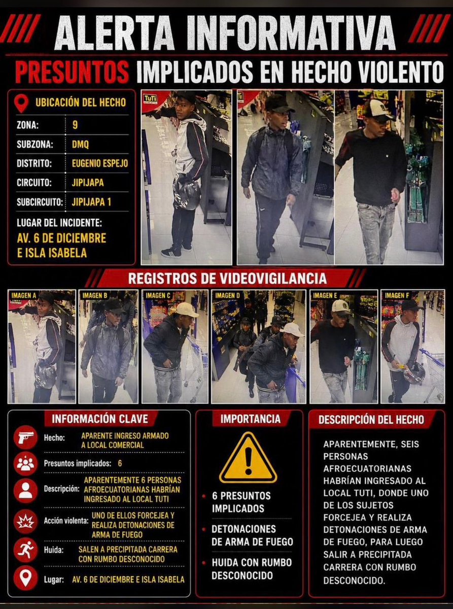 SeguridElinca's tweet photo. Nos informan que el TUTI de la Av. 6 de Diciembre e Isla Isabela ha sufrido un asalto. La policía del Circuito Jipijapa 2  se encuentra en el lugar. Lamentablemente fue herido de muerte un empleado del lugar🙏 https://t.co/49kXvefPkC
