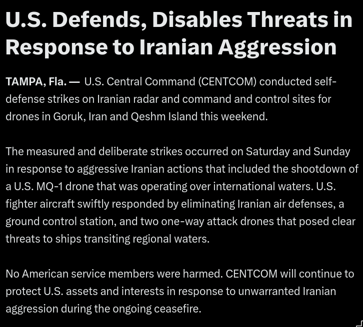 FaytuksNetwork's tweet photo. US Central Command says they have conducted self-defense strikes on Iranian radar and command and control sides in Goruk, Iran and Qeshm Island over the weekend in response to the downing of a US MQ-1 drone. https://t.co/xUdIqzVB7r
