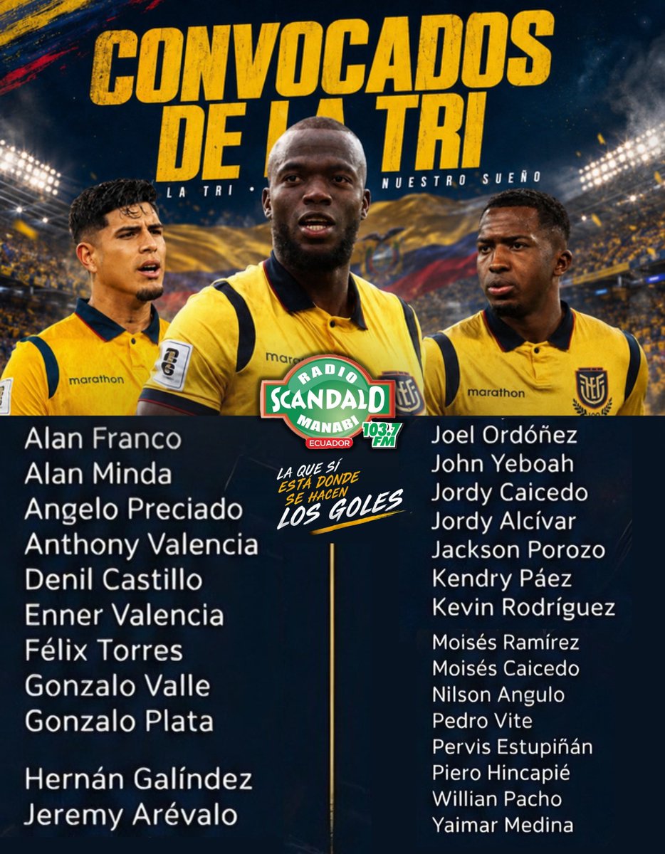 PedroAnibalEc's tweet photo. ¡LOS 26 DE ECUADOR! 🚨🇪🇨 
Estos son los 26 guerreros que tendrán el honor y responsabilidad de defender la camiseta tricolor en el Mundial 2026 🏆 

Ahí estaremos en la cita deportiva más importante del mundo⚽️🌎 https://t.co/cYu9dYioa5