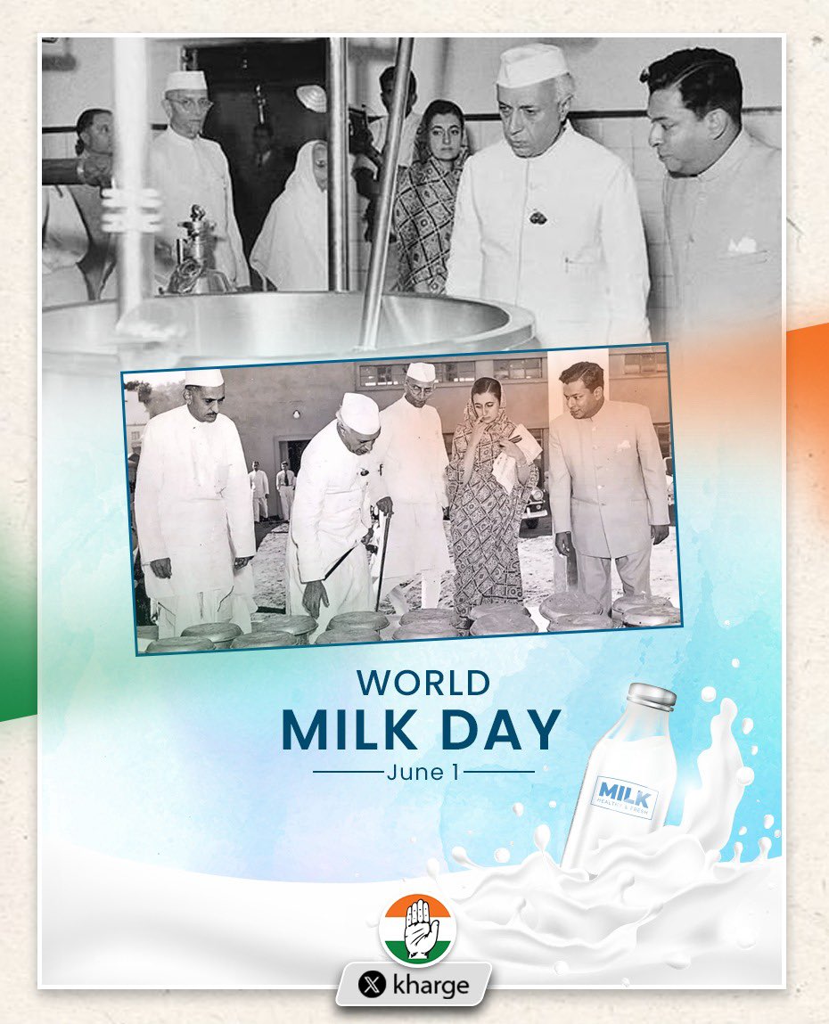 kharge's tweet photo. On World Milk Day, we salute India’s dairy farmers and cooperatives which through their tremendous efforts enabled India in becoming the world’s largest milk producer, due to the White Revolution during the Congress era.

Operation Flood and the National Milk Grid, launched in 1970, transformed the lives of millions of dairy farmers, strengthened rural livelihoods, and ensured affordable milk for every household across the country.

This remains one of India’s greatest nation building success stories.