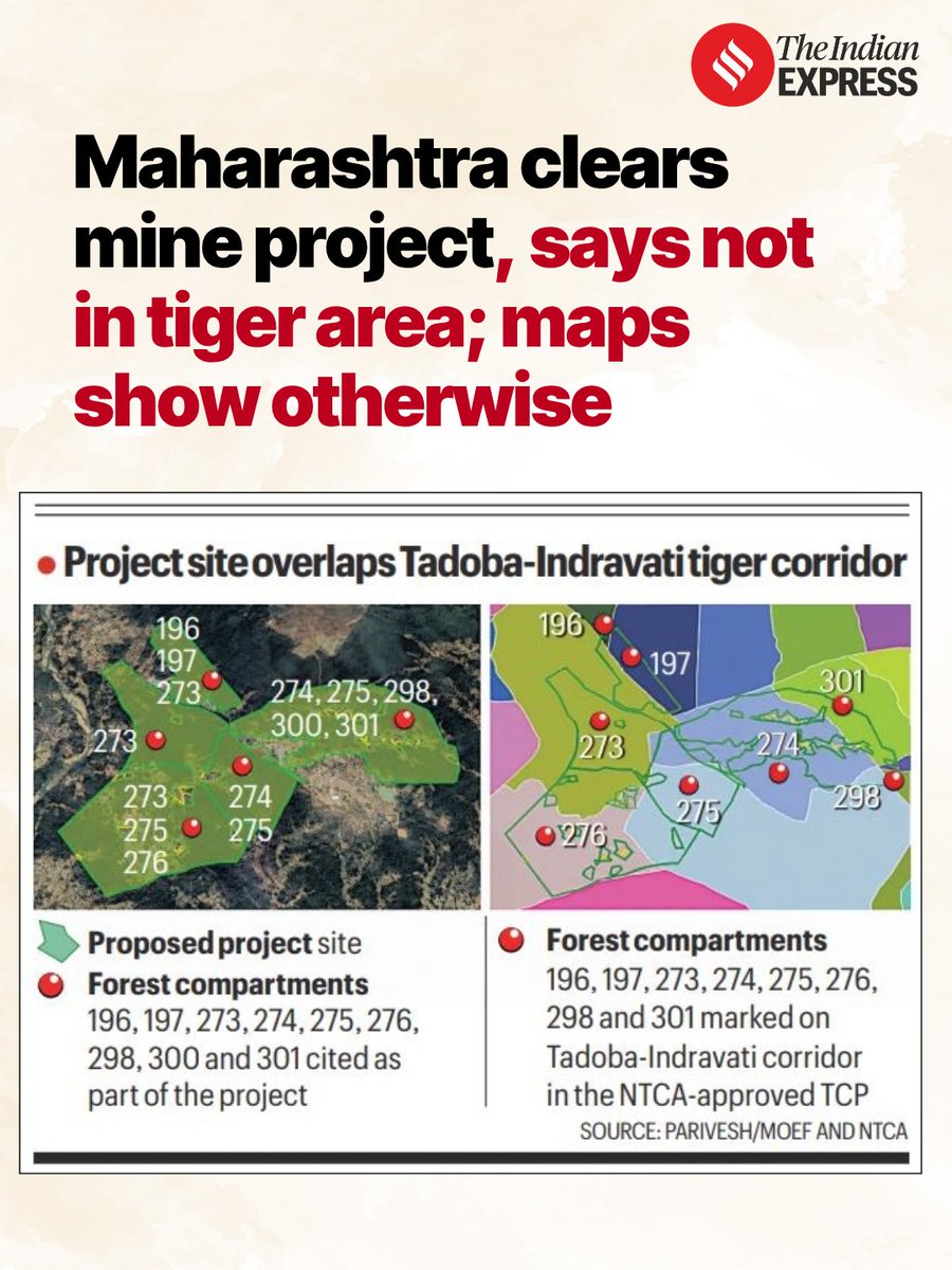 IndianExpress's tweet photo. The Maharashtra government on May 13 exempted an iron ore mining and processing project in Gadchiroli from wildlife clearance by claiming — incorrectly — it was not located in any tiger corridor.

The project proposal involves diverting 9.4 sq km of forest land in Gadchiroli for iron ore extraction and processing by Lloyds Metals & Energy.

It received forest clearance on April 15 and environment clearance on May 12, a day before it was exempted from obtaining wildlife clearance.

According to the project site map submitted by Lloyds to the Ministry of Environment, Forest and Climate Change, the area falls in forest compartments 196, 197, 273, 274, 275, 276, 298, 300 and 301. 

All but one (300) of these compartments are identified as part of the Tadoba-Indravati tiger corridor in the National Tiger Conservation Authority (NTCA)-approved Tiger Conservation Plan (TCP) of the Tadoba Andhari tiger reserve.