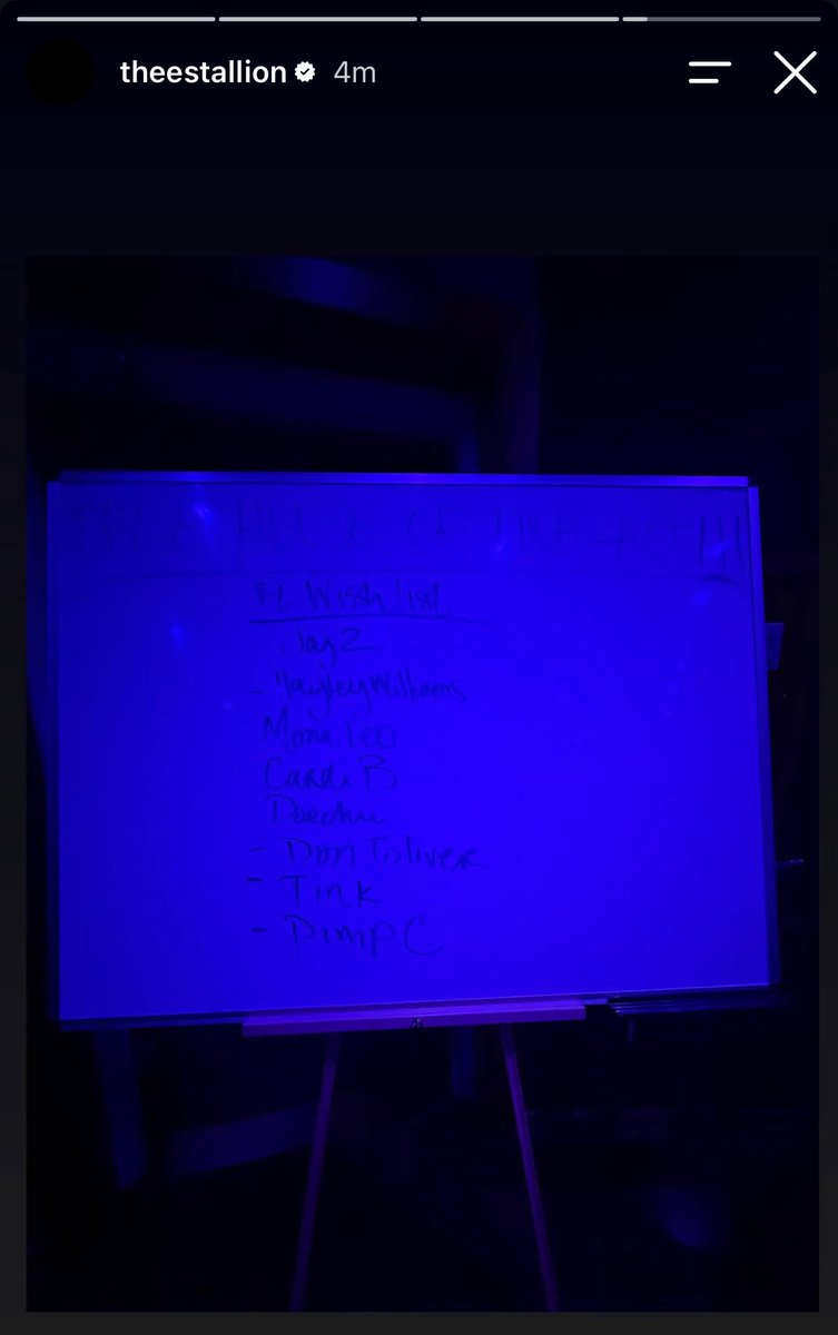 LOVEBACKUPFR24's tweet photo. Megan Thee Stallion via ig story 

ACT III FT. WISHLIST:

JAŸ-Z 
HAYLEY WILLIAMS 
MONALEO
CARDI B 
DOECHII
DON TOLIVER
TINK 
PIMP C https://t.co/UiWtwX7TGG
