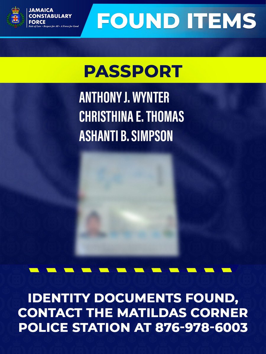 JamaicaConstab's tweet photo. The Matilda’s Corner Police are in possession of several identification and other important documents. 

Persons whose names are listed are asked to make contact with the station immediately so that arrangements can be made to collect their belongings. 

1/2 https://t.co/I5K9LDBhEG