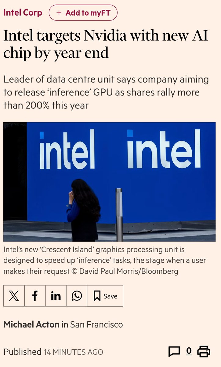 IMSahilBhalla's tweet photo. Breaking News: Intel to launch a new AI chip this year to compete with NVIDIA and AMD. (Via @FT)
$AMD $NVDA $INTC https://t.co/GhLIvUqFAK