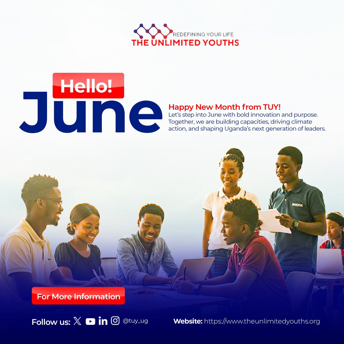 tuy_ug's tweet photo. June is here—a fresh opportunity to learn, innovate, and make a positive impact. Together, let's empower communities, drive climate action, and build a brighter future for the next generation.
🌐 Visit  https://t.co/rjP6qCRrSN 
#HappyNewMonth #TUY #YouthEmpowerment #Innovation https://t.co/ZNofwyqfBL