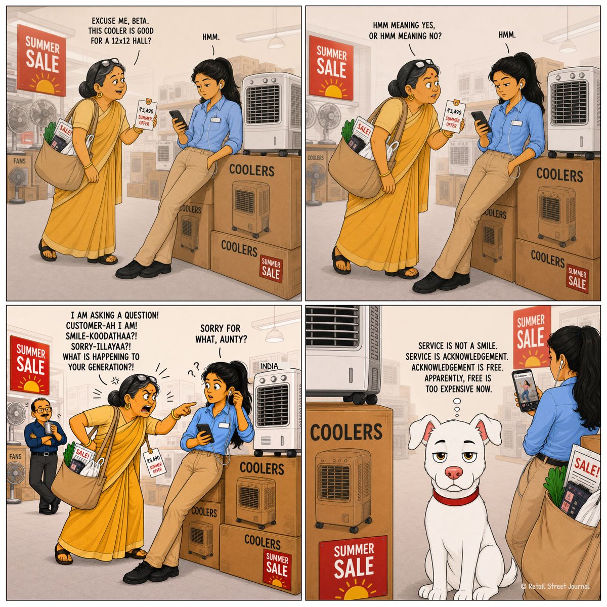 RetailStreetJ's tweet photo. She asked: "Is this cooler good for a 12x12 hall?"
The salesperson said: "Hmm."
Sorry, thank you, please — out of stock.
Strip 06 of RSJ Comics → https://t.co/C7tKuqGUPa 🐶
#RSJComics https://t.co/0ZU1zCKVcg