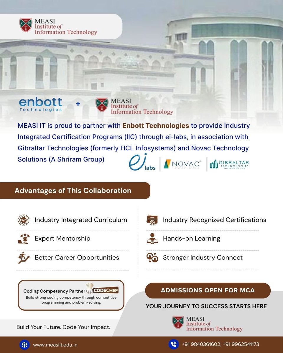 measiit's tweet photo. 🚀🎓 Industry Meets Education at MEASI IT! 🎓🚀

We are proud to partner with Enbott Technologies to offer Industry Integrated Certification (IIC) Programs through ei-Labs, in association with Gibraltar Technologies (formerly HCL Infosystems) and Novac Technology Solutions. https://t.co/D20kDeRZ34