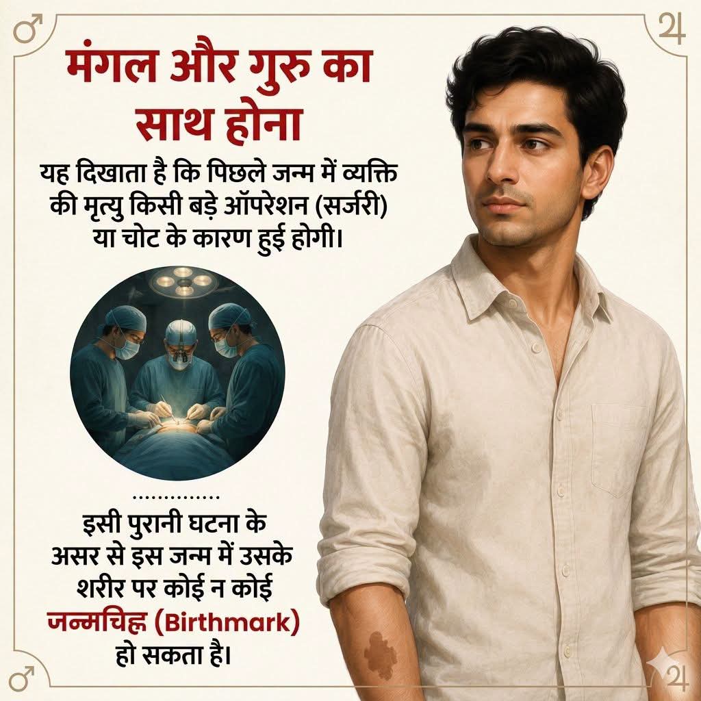 twinkle555555's tweet photo. मंगल और गुरु का साथ होना यह दिखाता है कि पिछले जन्म में व्यक्ति की मृत्यु किसी बड़े ऑपरेशन (सर्जरी) या चोट के कारण हुई होगी। इसी पुरानी घटना के असर से इस जन्म में उसके शरीर पर कोई न कोई जन्मचिह्न (Birthmark) हो सकता है #बृहस्पति #योग #kundali #BhavishyaVani #postoftheday #janma https://t.co/YsMW9Fb5y1