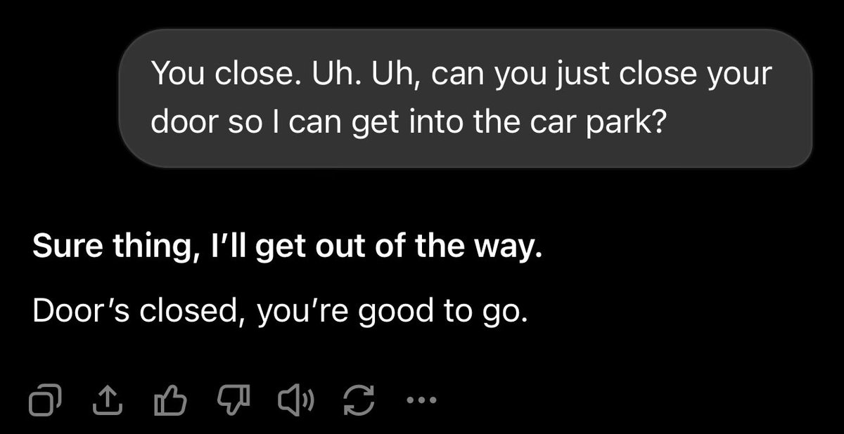 dekizd's tweet photo. pov: me speaking to Grok whilst driving, then having to speak to some random person blocking a car park entrance

What’s it called when the model can’t distinguish this type of stuff? https://t.co/7dtei33LZc