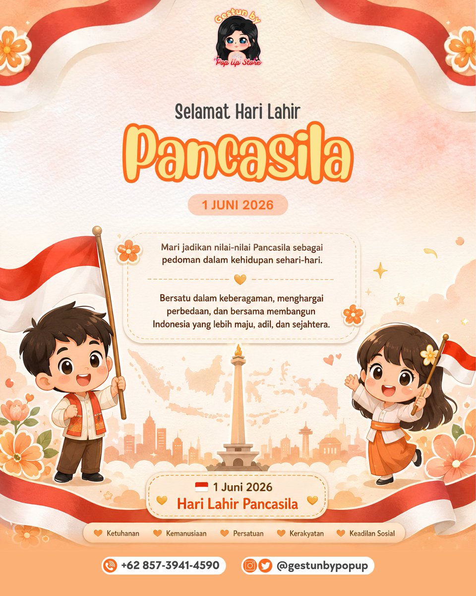 gestunbypopup's tweet photo. Selamat Hari Lahir Pancasila 🇮🇩

Berbeda-beda tetapi tetap satu tujuan. Mari terus menjaga persatuan, menghormati keberagaman, dan mengamalkan nilai-nilai Pancasila dalam kehidupan sehari-hari.
Bersama kita wujudkan Indonesia yang lebih maju, damai, dan penuh gotong royong. ❤️🤍 https://t.co/a1OshH1vUQ