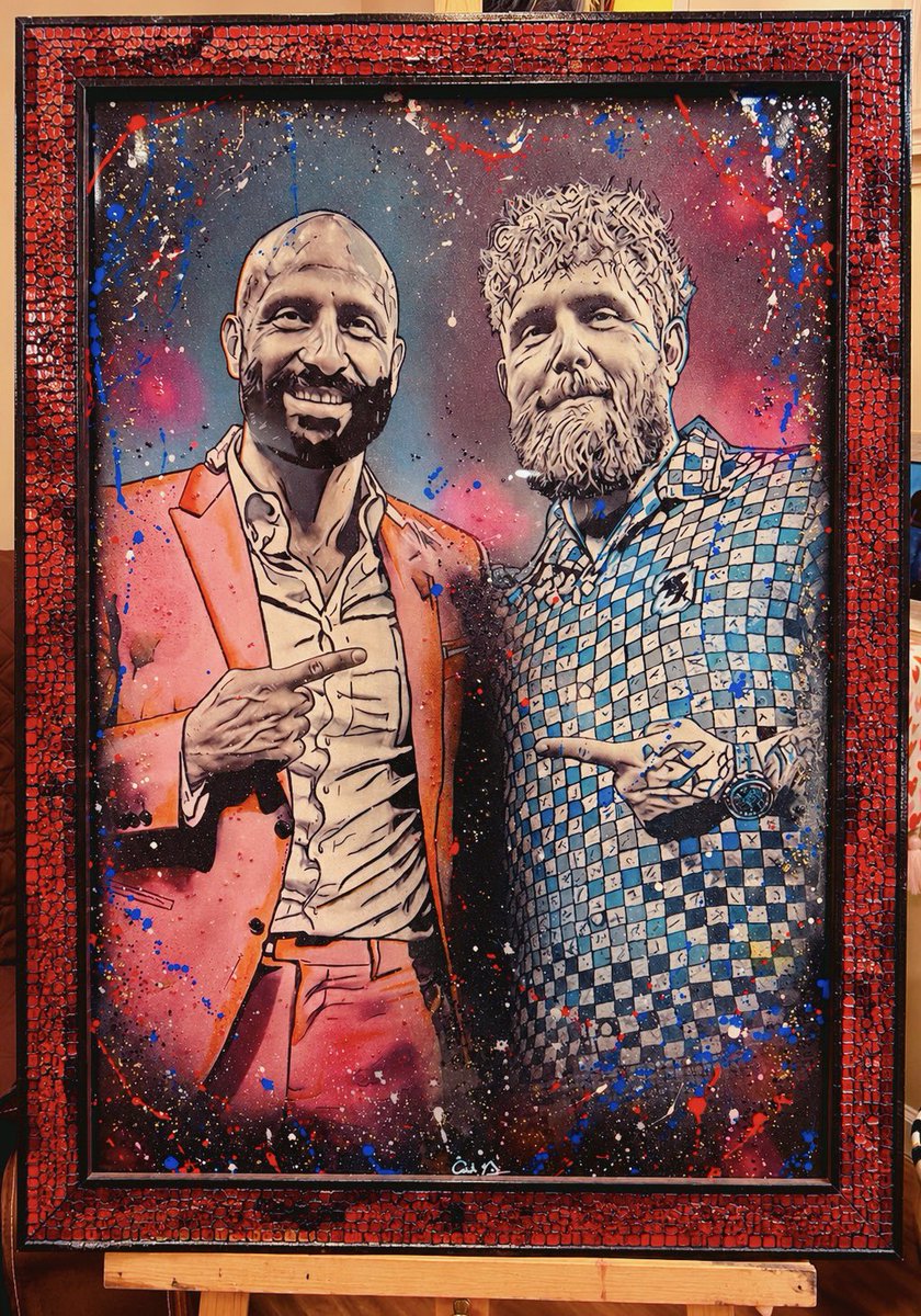 nasa280's tweet photo. Created a new Art Piece Original 24x36 mixed-media piece of Jake Paul &amp; Nakisa Bidarian of MVP 
@MostVpromotions 
@jakepaul 
@nakisa_bidarian 
MVP continues to be one of the biggest supporters of female combat sports - gotta take my hat off to them! https://t.co/3ZJ1gCR5Vp