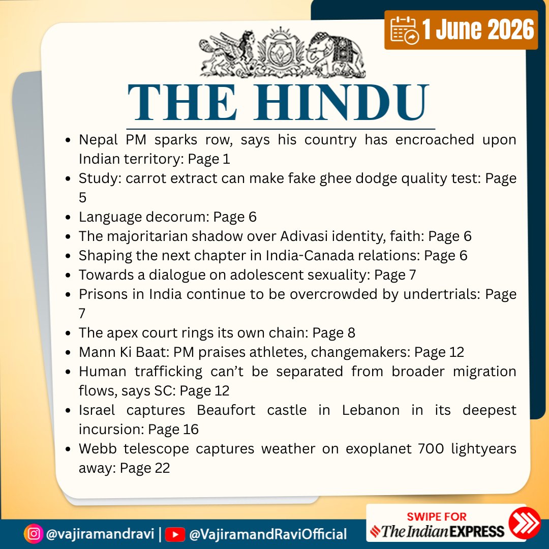VajiramRavi's tweet photo. #ToBeReadVajiram in The Hindu and The Indian Express- 1/6/2026
(Delhi edition e-paper)

#ToBeRead #TheHindu #TheIndianExpress #CurrentAffairs #UPSCPreparation #DailyNews #Epaper #StudyMaterial https://t.co/CqpQ3lASll