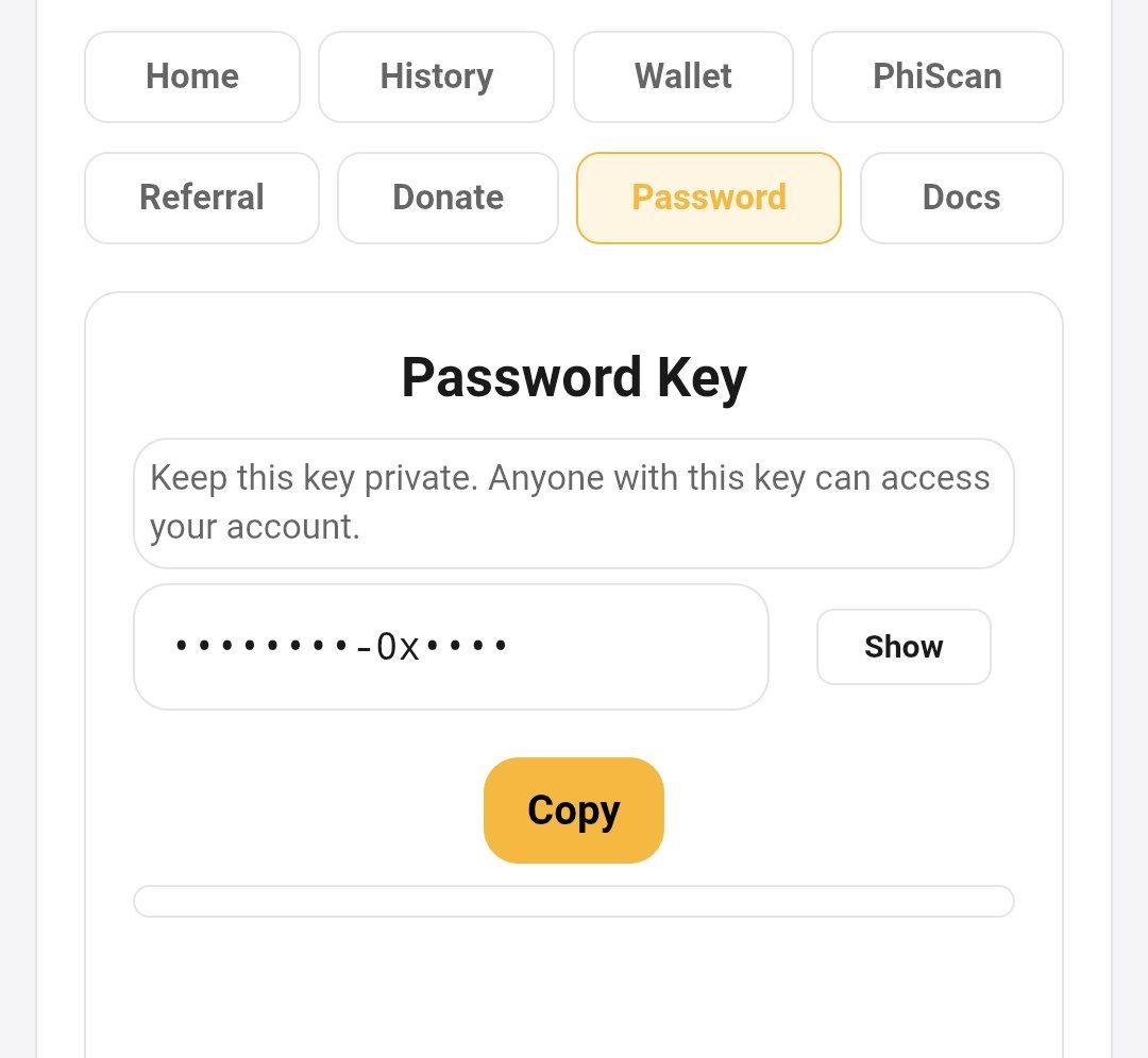 phi_token's tweet photo. Copy your Password Key and store it in a safe place. This key will be required to log in to the applications we will develop within the Zanachain ecosystem. It will also allow you to recover your Phi account in the future in case you experience connection problems with Pi Browser https://t.co/97rGPvOWy1