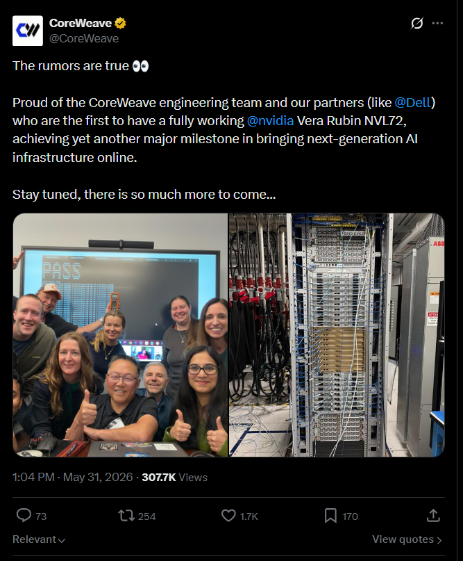 KevInvestingYT's tweet photo. I've initiated a position in $CRWV in the overnight markets.

After being full-port $NBIS for a year, here's why I believe $CRWV is going to skyrocket in price over the next few months:

- $CRWV was named one of the first cloud providers to deploy Vera Rubin in H2 2026. Then Nvidia announced a brand new product, the standalone Vera CPU, and named CoreWeave as the first and only known customer. Another $2 billion invested directly into the company. 11% ownership stake. 8 gigawatts of AI factory capacity targeted by 2030.

- The "catch-up" trade: $CRWV is guiding $12 to $13 billion in 2026 revenue. $NBIS is guiding $3.3 billion. Same market cap. 4x the revenue.

The gap exists for a reason. CoreWeave carries severe debt and does not have a raid-boss CEO like Arkady running the show. Those are real risks.

But in a world where every tech company on the planet is compute-constrained, $CRWV has one direction in my opinion.

$200.

- SemiAnalysis, the most respected neocloud research firm in the world, gives CoreWeave their highest tier ranking. Not second. Not tied. Highest. The only cloud on earth with Platinum ClusterMAX status. Two years running.

- Revenue up 112% year over year. Backlog approaching $100 billion. The hyperscalers are customers, not competitors. Meta. Microsoft. Anthropic. They all pay CoreWeave because they cannot build what CoreWeave built fast enough themselves.

- The market cap is $60 billion on a business with $99 billion in locked revenue. Lol.

- I'm not worried at all about their debt. If they're not able to pay their debt for whatever reason, we've got bigger problems IMO.

I am the worlds biggest $NBIS bull, I could name every last aspect of that company, but $CRWV has gotten so cheap in my opinion that I had to take a position. 

Not financial advice.