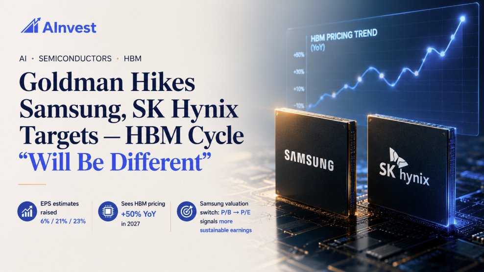Ainvest_Wire's tweet photo. GOLDMAN HIKES SAMSUNG, SK HYNIX TARGETS — HBM CYCLE "WILL BE DIFFERENT"

· Samsung $005930 PT raised to ₩480,000 from ₩360,000 (Buy)
· SK Hynix PT raised to ₩3.5M from ₩1.8M (Buy, +94%)
· Samsung shares +5.8% to fresh high
· 2026/27/28 EPS estimates raised 6% / 21% / 23%
· Sees HBM pricing +50% YoY in 2027 (vs consensus 34%)
· Switches Samsung valuation from P/B to P/E — signals "more sustainable earnings"