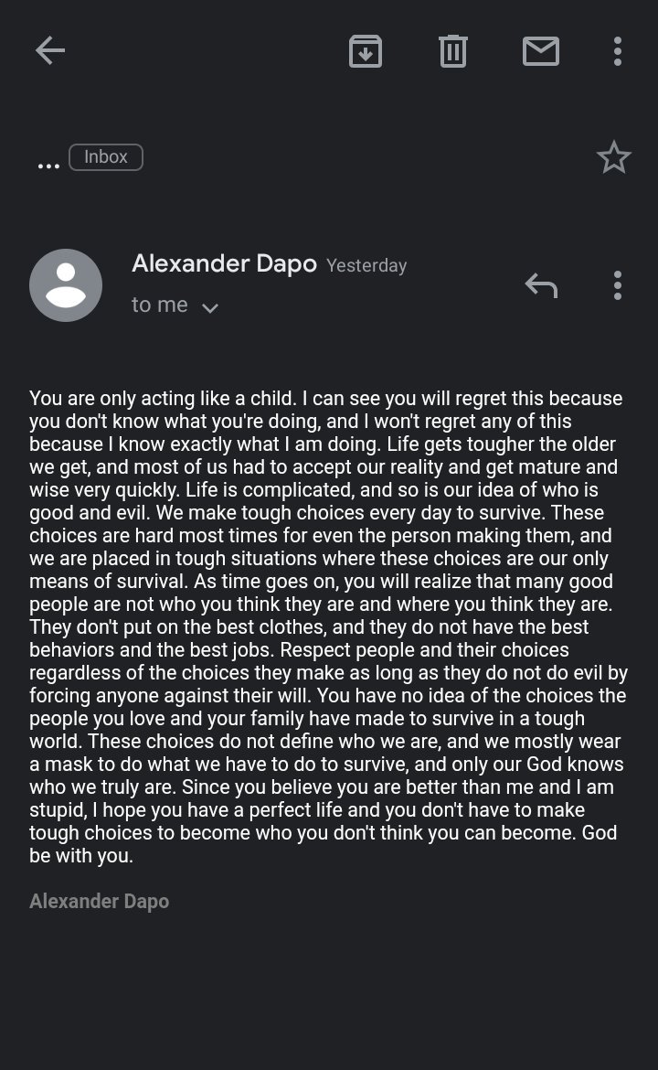 AlexanderDapo's tweet photo. Alexander Dapo's email was misunderstood. He was called stupid and insulted before being blocked. He sent an email telling her she would regret insulting him. The email was not for sex. "Since you believe I am stupid" at the end shows the email was sent because of the insults. https://t.co/T4U3ZKR6pn