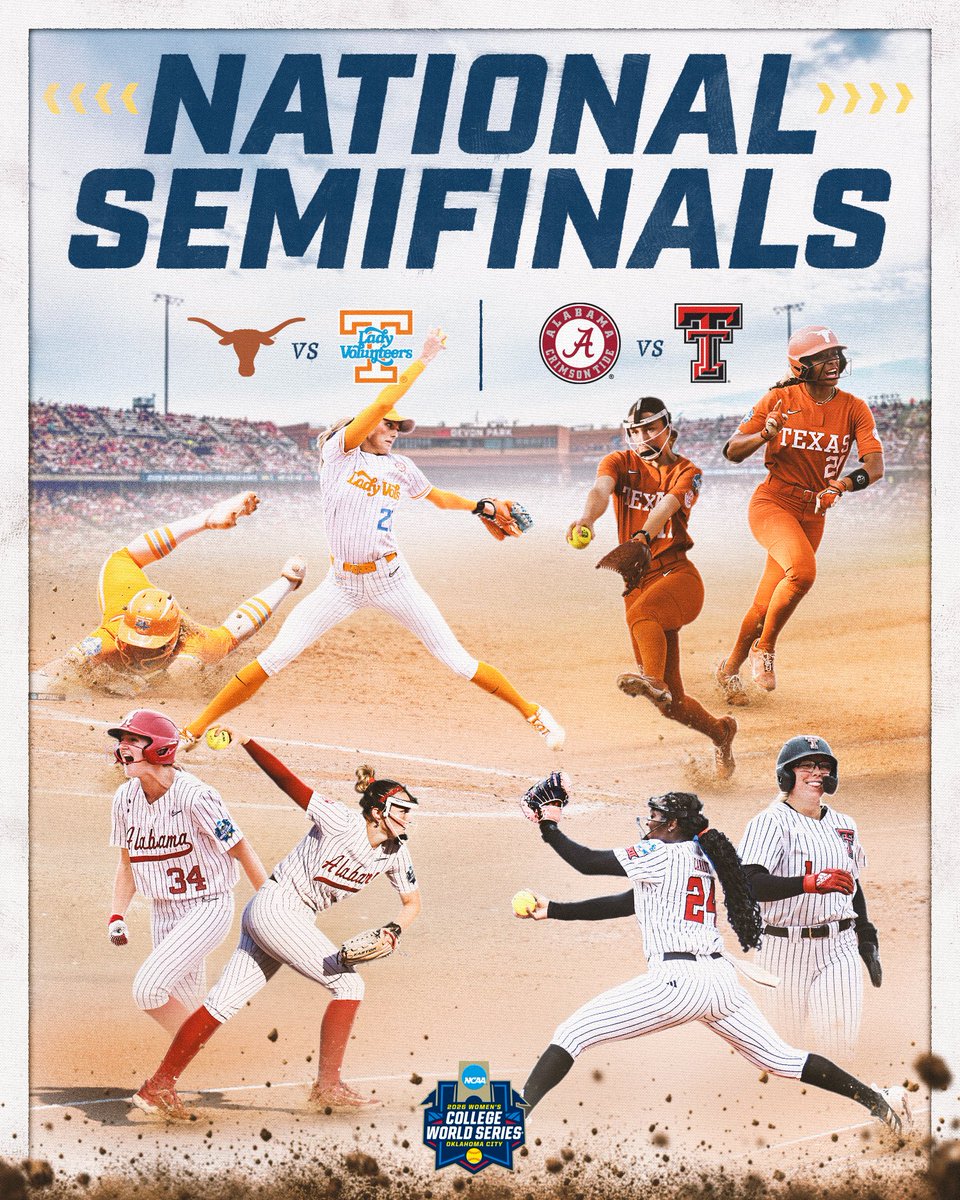 NCAASoftball's tweet photo. The 2026 National Semifinals 🤩

(1) @TexasSoftball 🆚 (2) @Vol_Softball 
⏰ 12 PM ET
⏰ 2:30 PM ET (if necessary)

(1) @AlabamaSB 🆚 (3) @TexasTechSB 
⏰ 7:00 PM ET
⏰ 9:30 PM ET (if necessary) 

📺 ESPN
📻 @westwood1sports 
📲 https://t.co/2QO2igeQwl

#WCWS https://t.co/zo27cBcKGW
