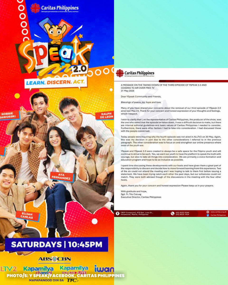 holaphofficial's tweet photo. #CHIKA: Pamunuan ng #YSpeak20, naglabas ng statement kaugnay sa pag-alis ng episode 3 ng nasabing show sa social media at ang hindi na nito pag-ere sa ALLTV. https://t.co/8D6AZmo3OS