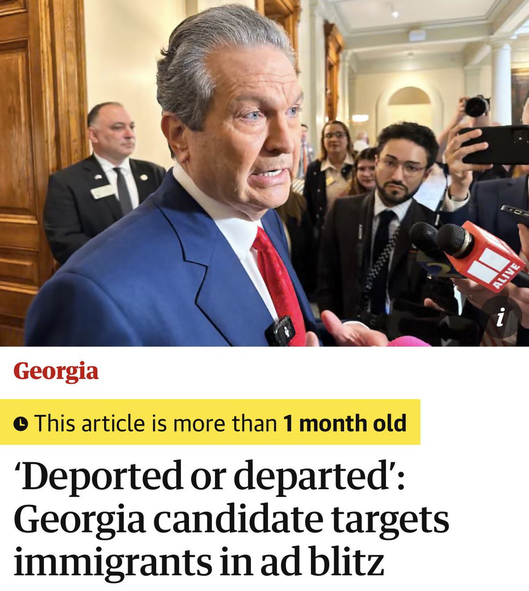 Rothmus's tweet photo. Left: Georgia candidate for governor vowing that illegal immigrants who commit violent crimes will be “deported or departed”

Right: GA candidate for governor caught hiring illegal aliens at his mansion says he “didn’t know” if he’s still hiring illegals

They’re the same guy. https://t.co/JtarXBAgtt