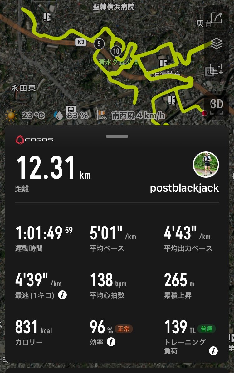 post_blackjack's tweet photo. 清水ヶ丘
リハビリジョグ2日目

2日連続でもキロ5なら問題ないレベルにまで回復した✌🏻
奥信濃では急な上り坂は捨てて歩いて、他はキロ5以下厳守で完走を目指します🔥
ケガからの回復自体も楽しめる人間になりたい。
Enjoy process👍 https://t.co/yc13lTSrBs