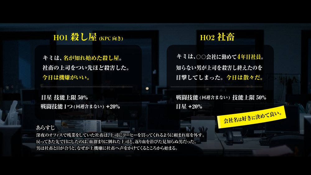 i700iv's tweet photo. CoC6th 『惨業から帰りましょう。』

　　　殺し屋🔪×社畜👔

2PLまたはタイマン✌️
秘匿HOなし❗️
(秘匿描写は有。)

残業中、社畜が席を外して戻ってきたら
社畜の上司が殺し屋に殺されてるところから始まる
ドタバタ💥ダークシナリオ出します❗️

#ポトラ企画シナリオ告知2026 https://t.co/RE0rfvvVgj