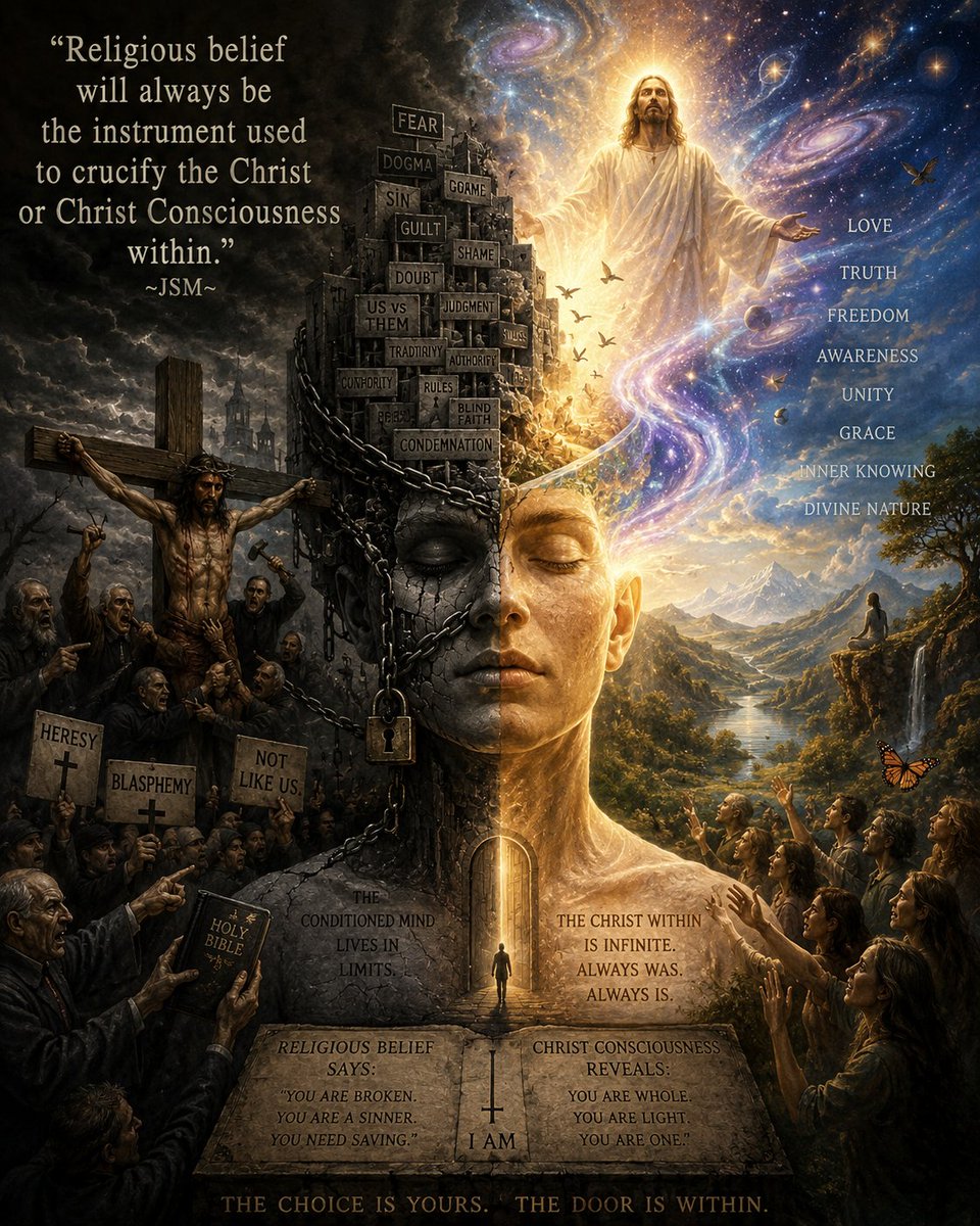 SpiritExam's tweet photo. "Religious belief will always be the instrument used to crucify the Christ or Christ Consciousness within." ~JSM~
https://t.co/gKniTmYZdW https://t.co/9prjIaoam1