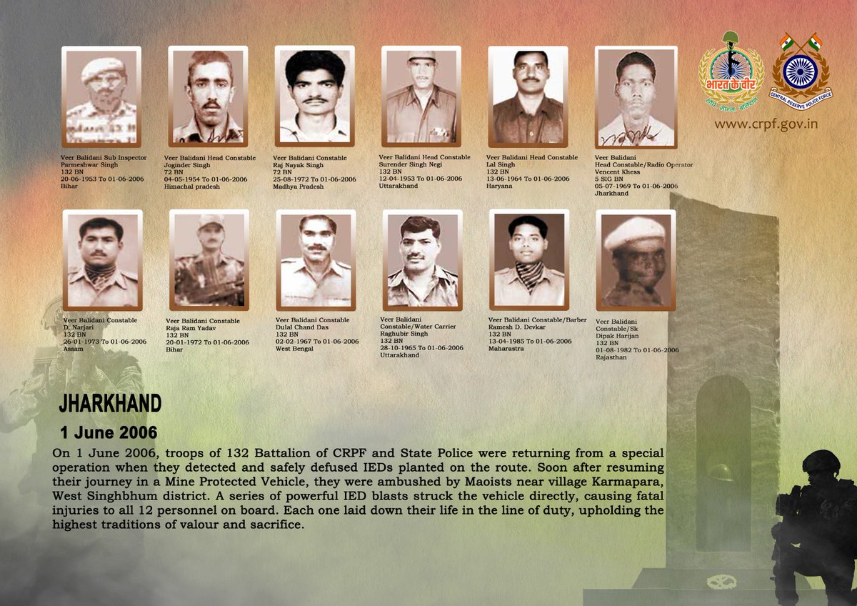 crpfindia's tweet photo. DG and all Ranks of #CRPF pay solemn tribute to twelve bravehearts of 132 Bn, 72 Bn and 5 Signal Bn , who made the supreme sacrifice in a powerful IED blast by Maoists near village Karmapara, district West Singhbhum, Jharkhand on 1 June 2006. #CRPF salutes the bravehearts and pledges never to let their sacrifice go in vain.

#LestWeForget
🇮🇳 #Bharat_Ke_Veer 🇮🇳