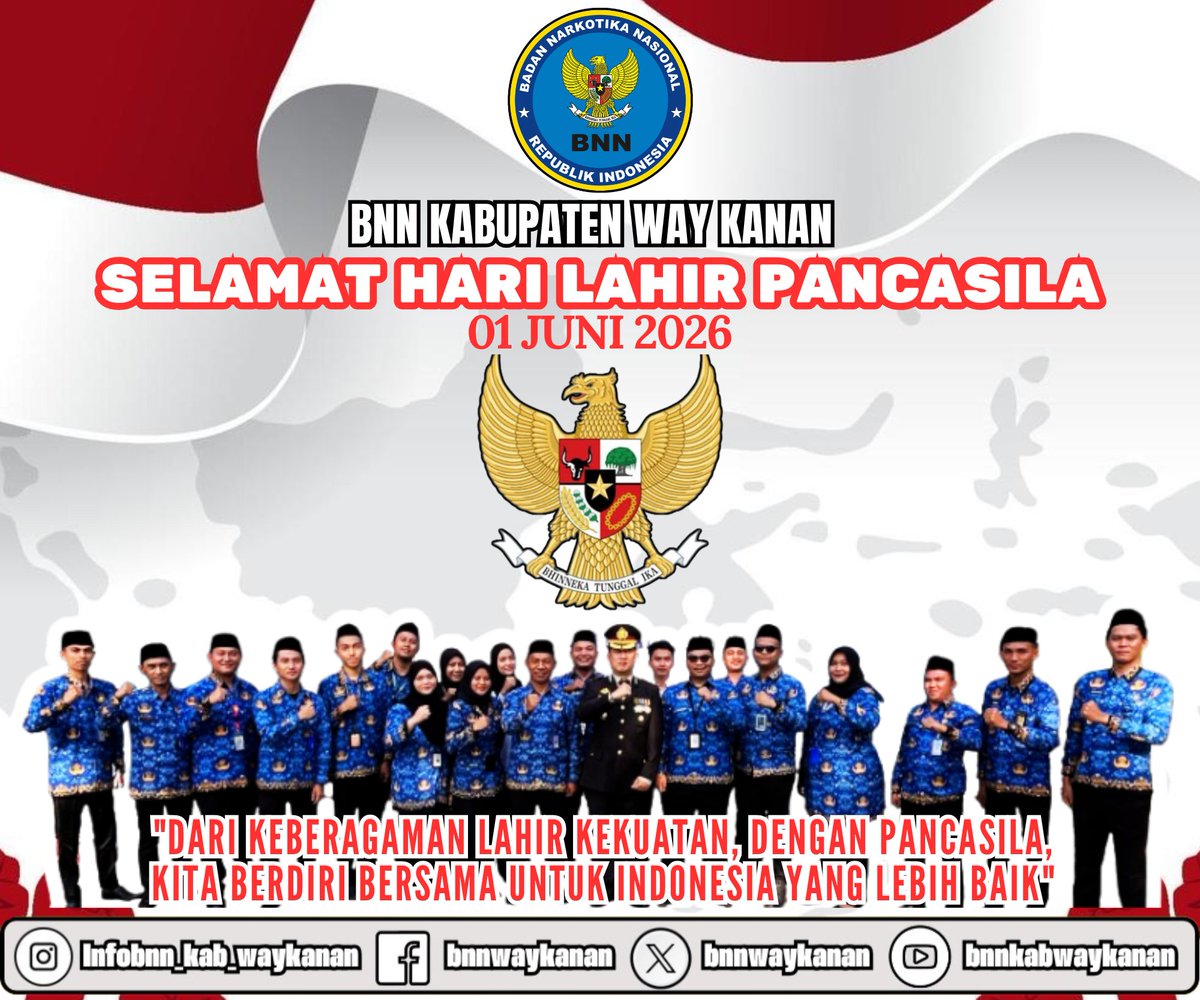 BnnWaykanan's tweet photo. BADAN NARKOTIKA NASIONAL KABUPATEN WAY KANAN MENGUCAPKAN SELAMAT HARI LAHIR PANCASILA "DARI KEBERAGAMAN LAHIR KEKUATAN, DENGAN PANCASILA, KITA BERDIRI BERSAMA UNTUK INDONESIA YANG LEBIH BAIK" https://t.co/nqxHHf2rye