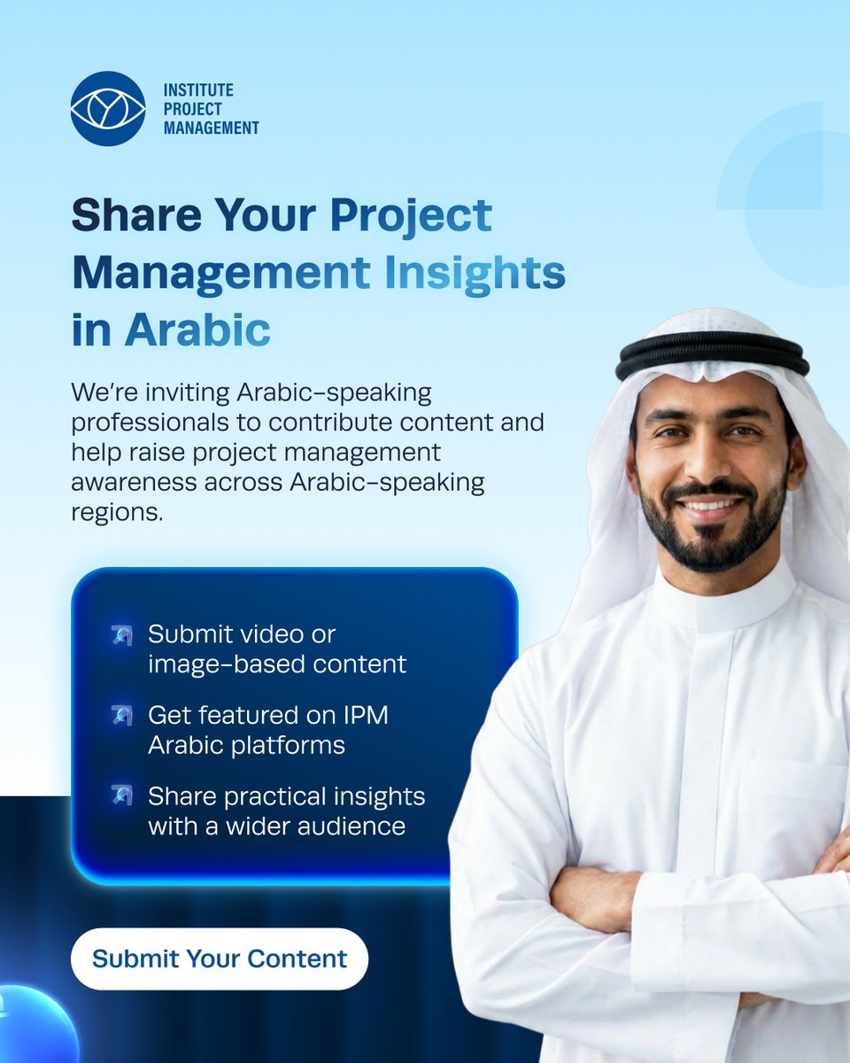 ProjectMgmtInst's tweet photo. We’re inviting Arabic-speaking professionals to contribute educational project management content through IPM Arabic platforms. Whether it’s a practical tip or industry insight, your experience could help others grow and learn. Submit your content: https://t.co/XLm4u0eW3S https://t.co/7Bcq8L72wY