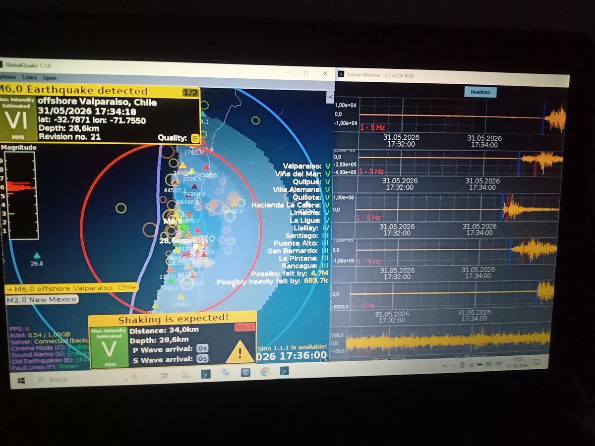 IVIADE10's tweet photo. #Sismo #Temblor M6.0 epicentro a 21km. De #Quintero #VinaDelMar #Valparaiso a 31km. De profundidad percibido como FUERTE. Aceleración rápida por cercanía al epicentro y superficialidad, oscilaciones de objetos colgantes y caída de algunos objetos

https://t.co/KD8sq6rMCn https://t.co/kVazNzSITb